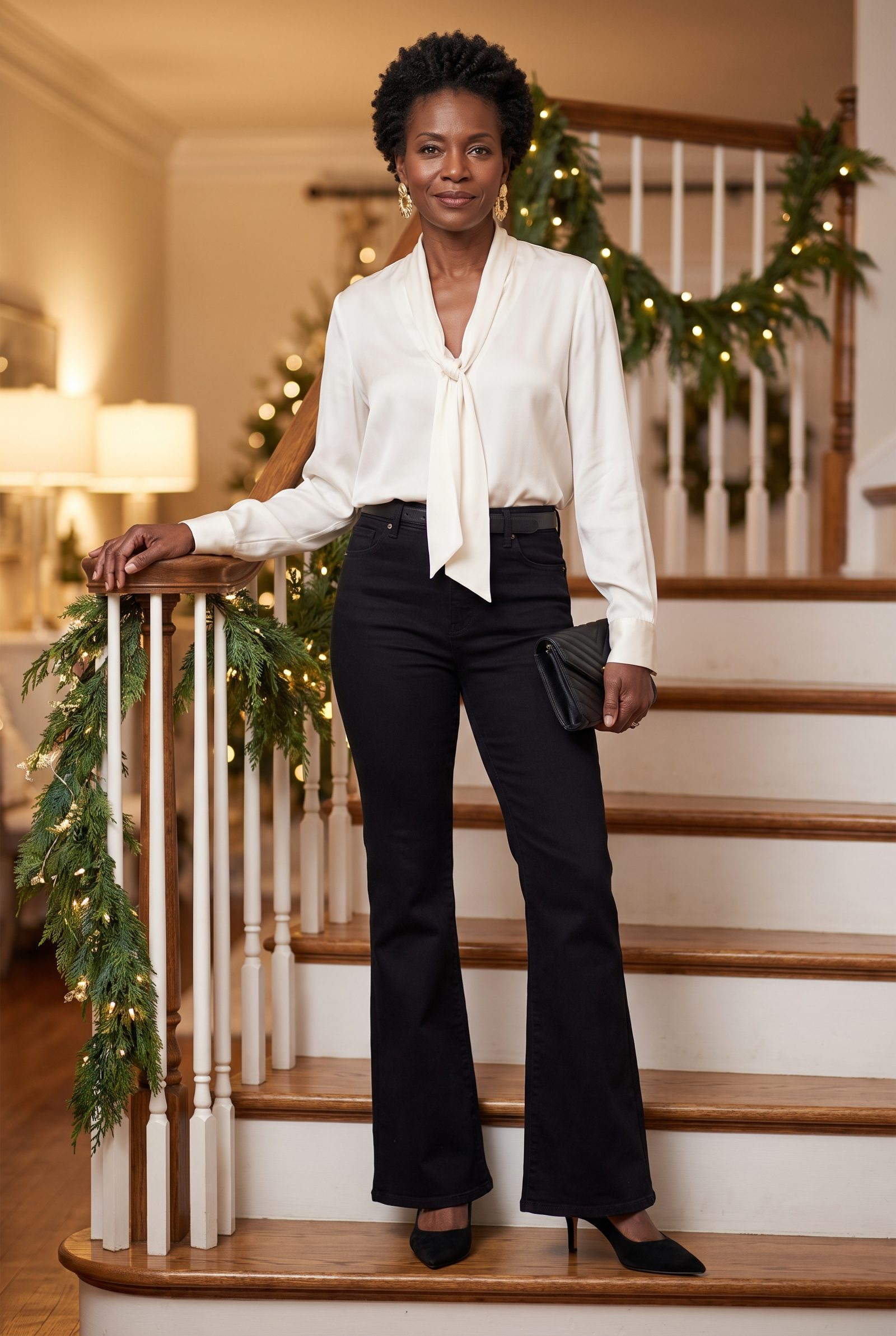 Black Flare Jeans With an Ivory Silk Bow Blouse