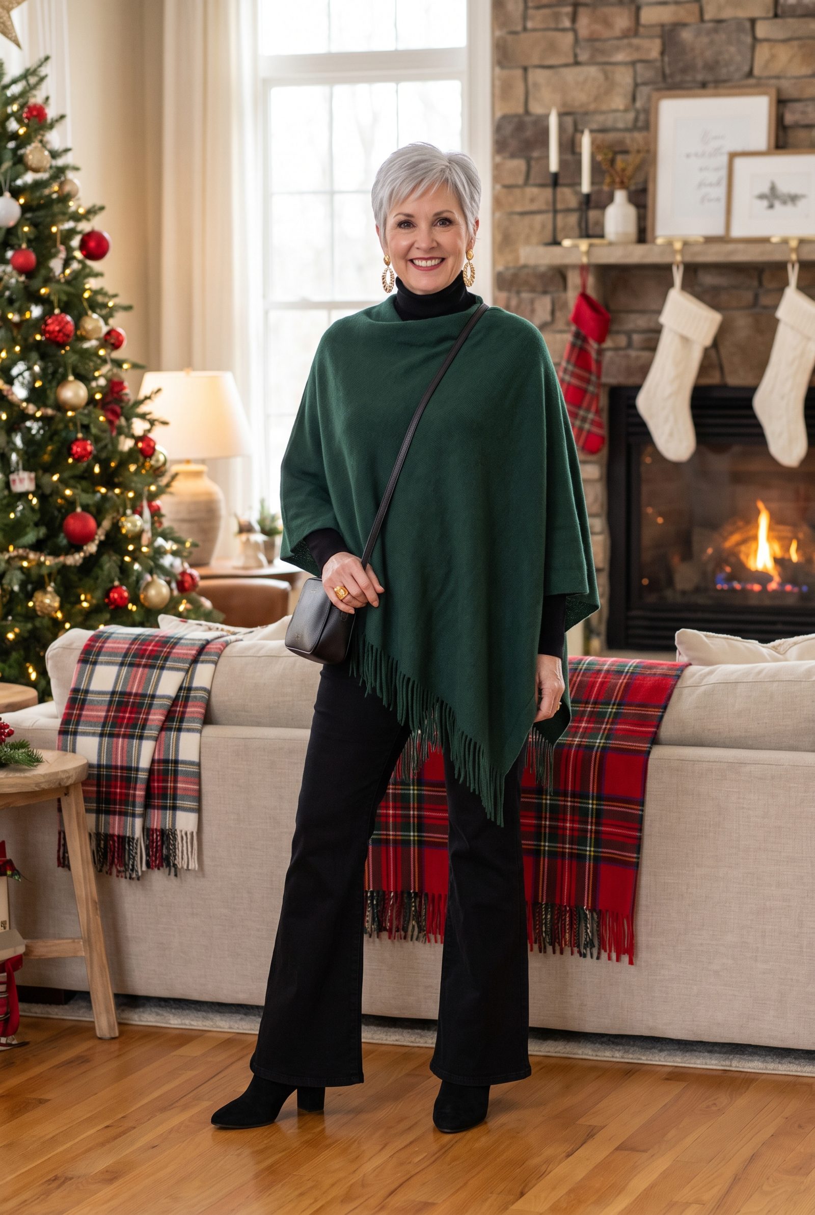 Black Flares With a Forest-Green Cashmere Poncho