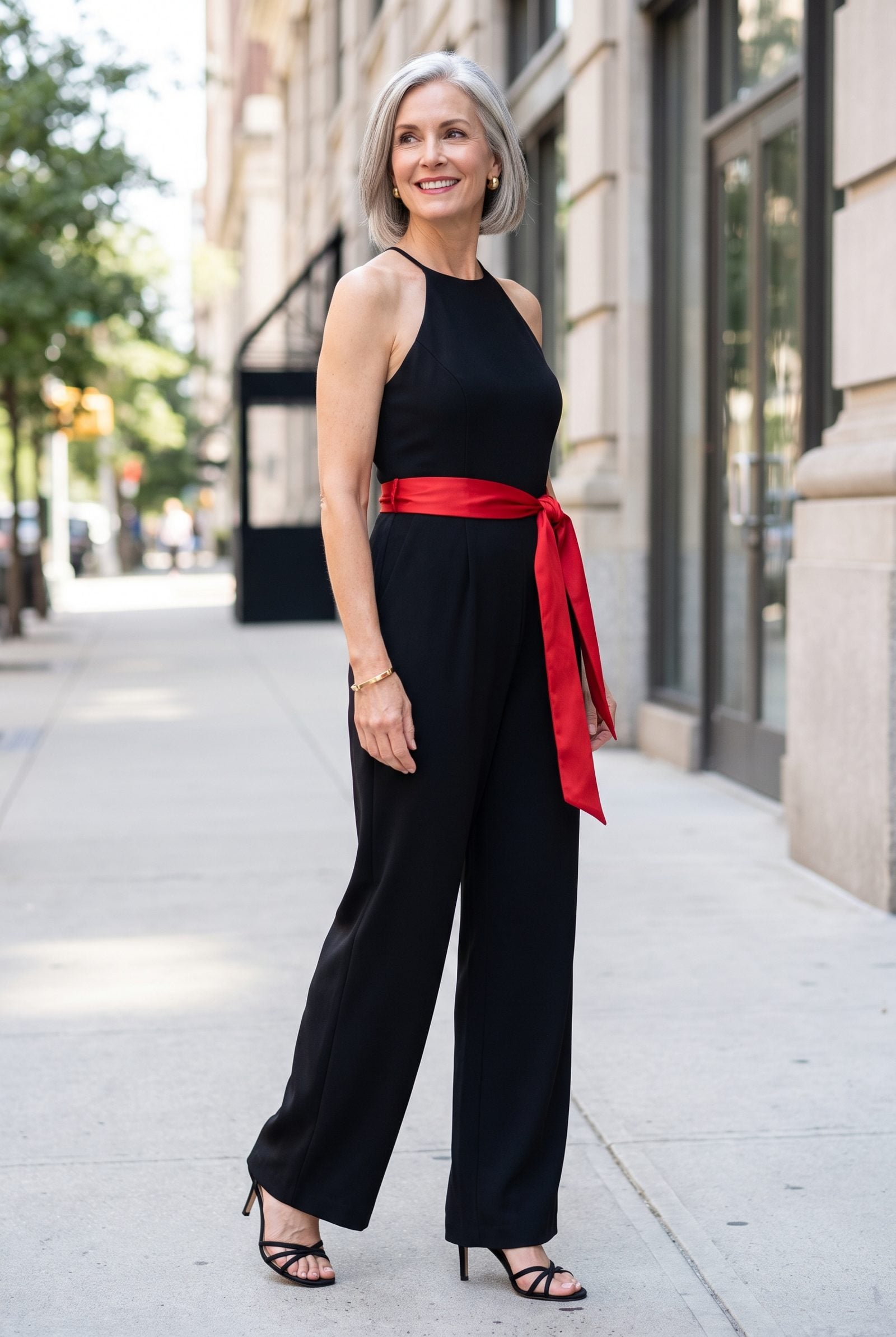 Black Jumpsuit With a Red Satin Sash at the Waist