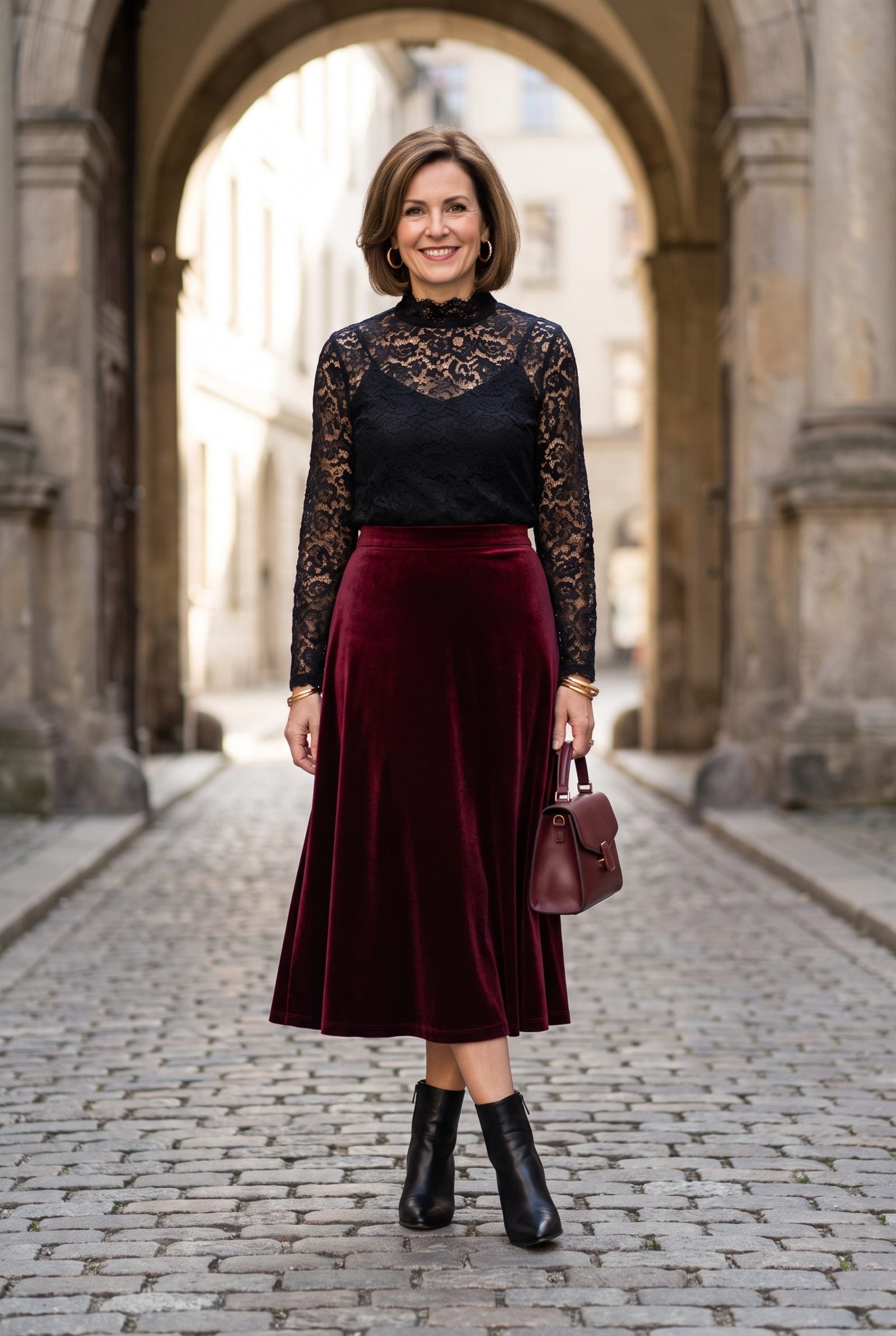 Black Lace Blouse With a Garnet A-Line Skirt