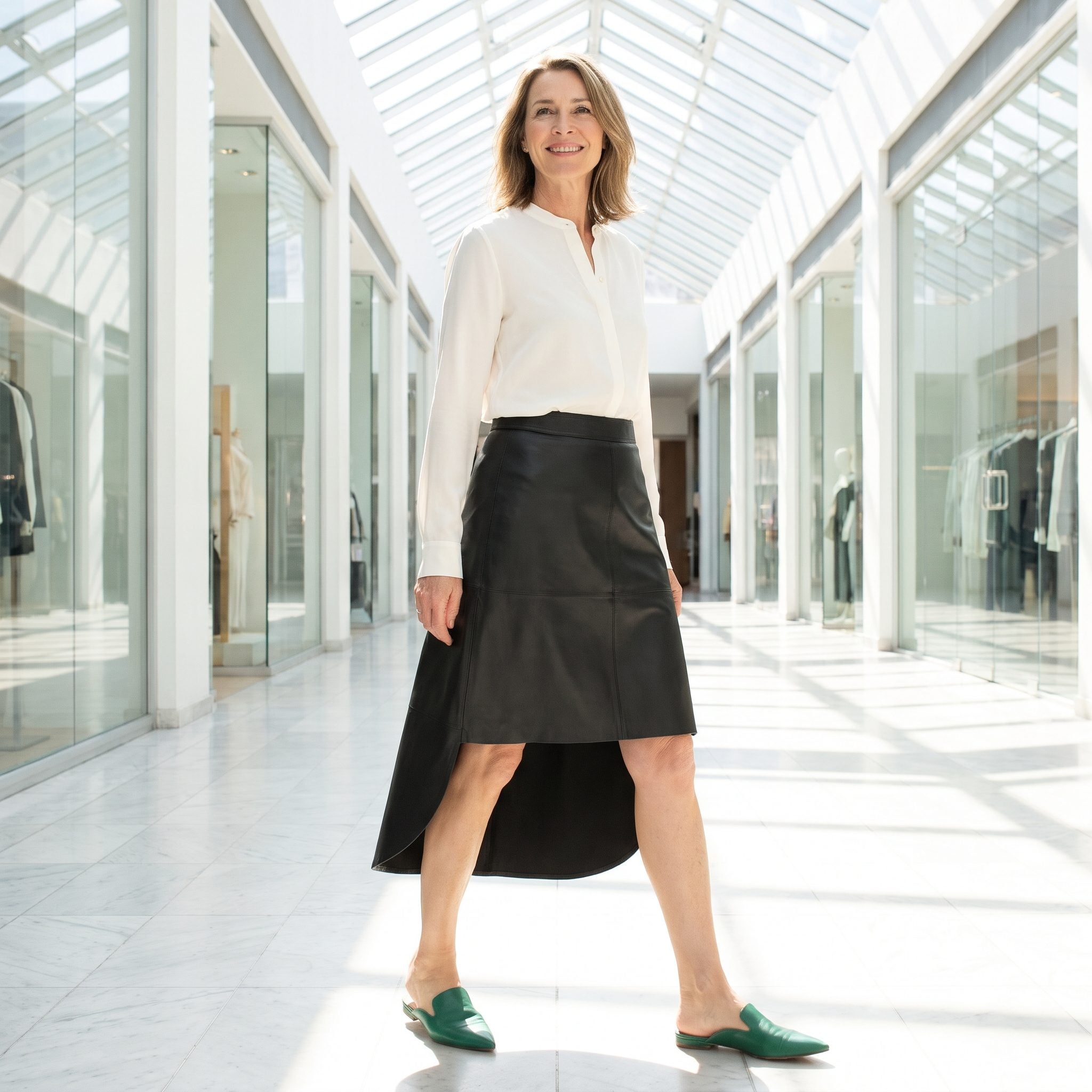 Black Leather A-Line with an Ivory Shirt