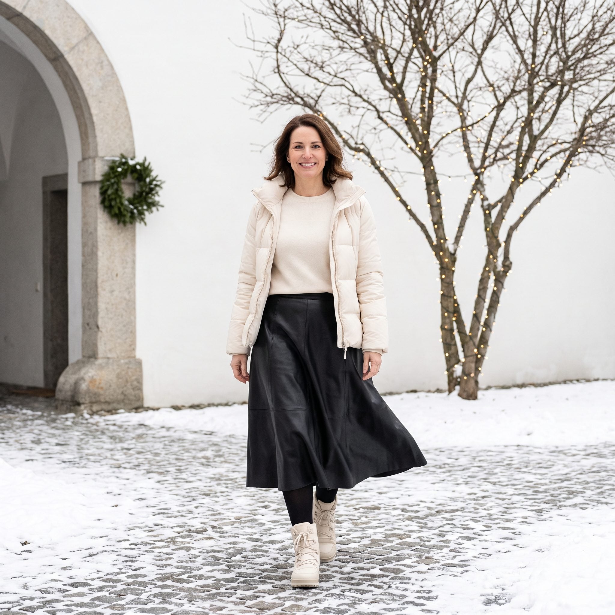 Black leather midi skirt with cream snow boots