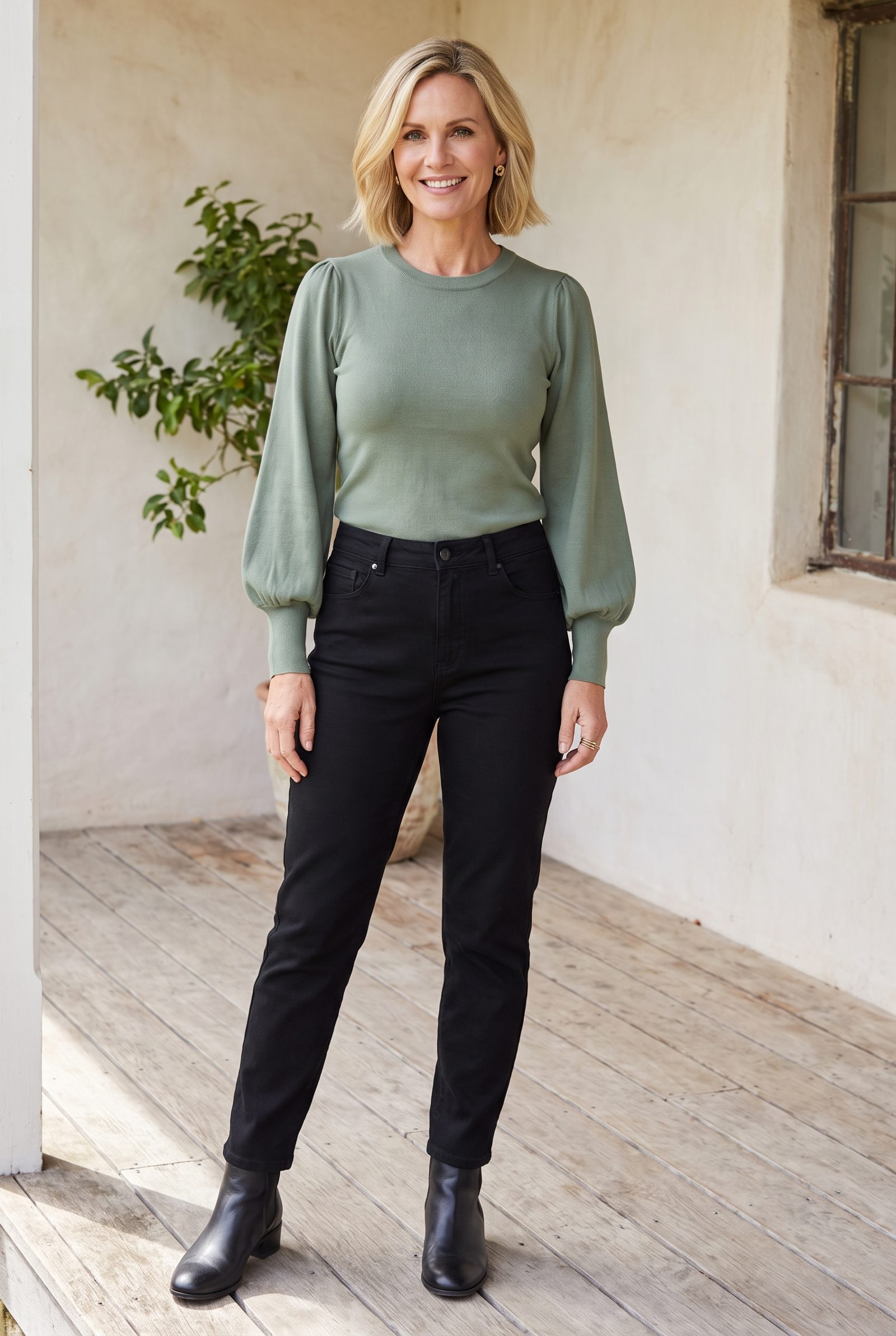Black Mom Jeans + Sage Balloon-Sleeve Knit