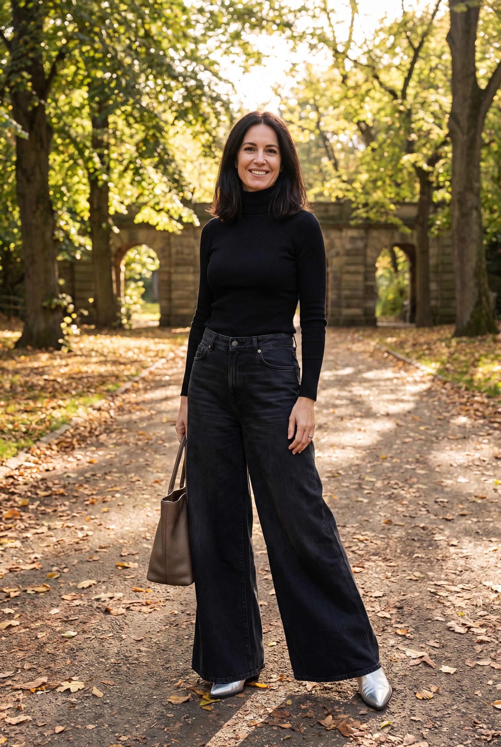 Black Palazzo Jeans With Silver Pointed Boots