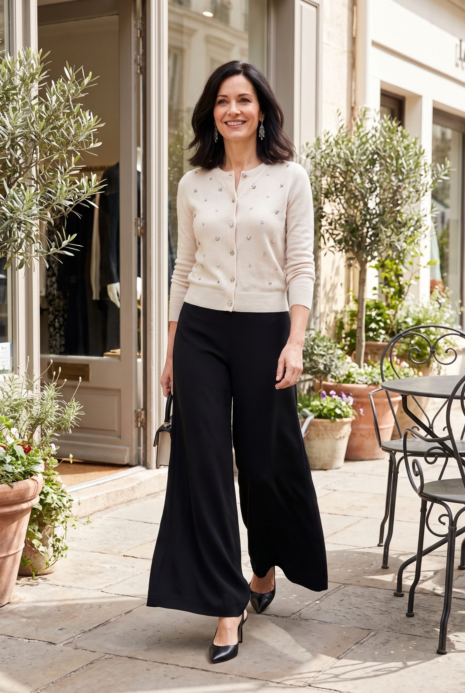 Black Palazzo Pants With a Jeweled Cardigan