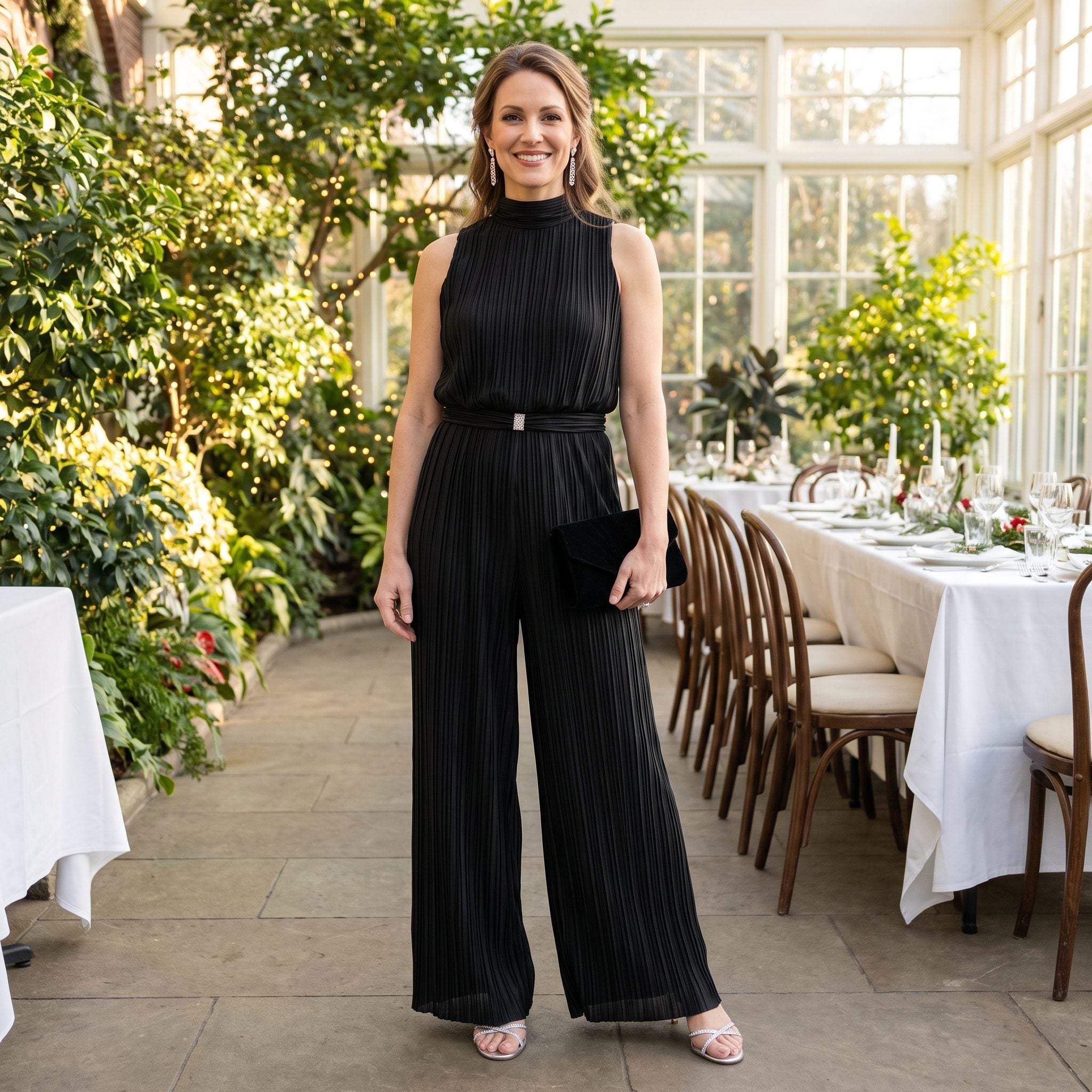 Black Plissé Jumpsuit With a Crystal Waist Clasp