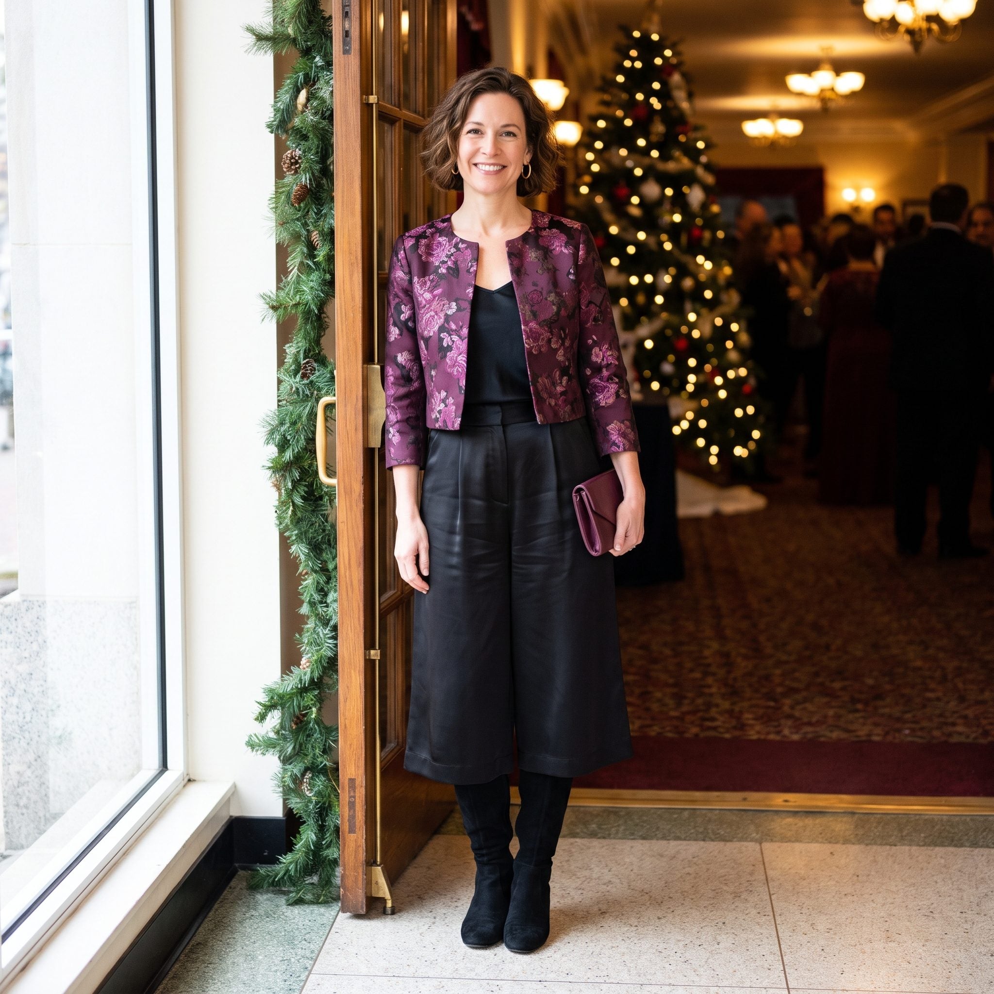 Black Satin Culottes With a Plum Brocade Jacket