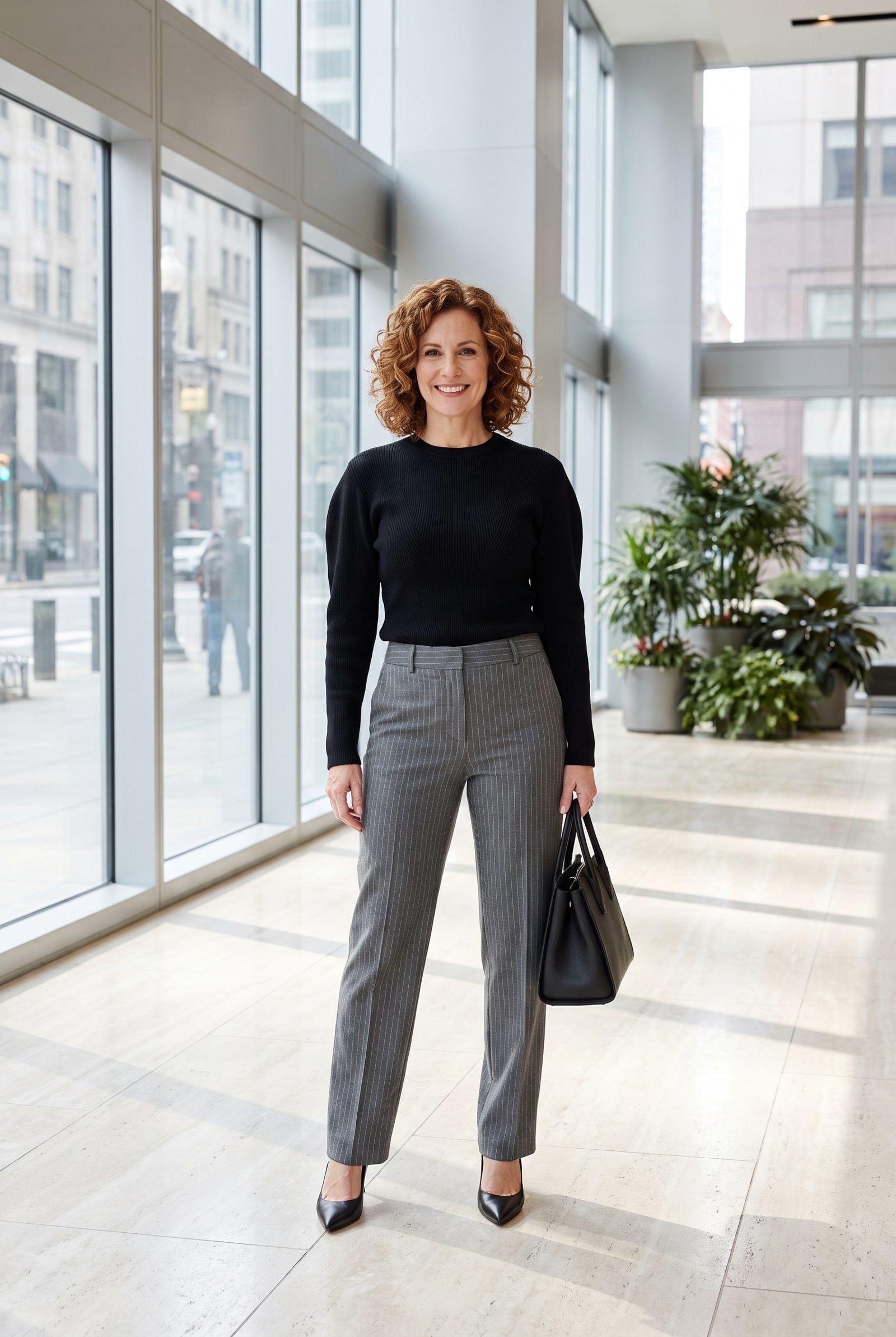 Black Sculpted-Shoulder Knit + Gray Pinstripe Pants