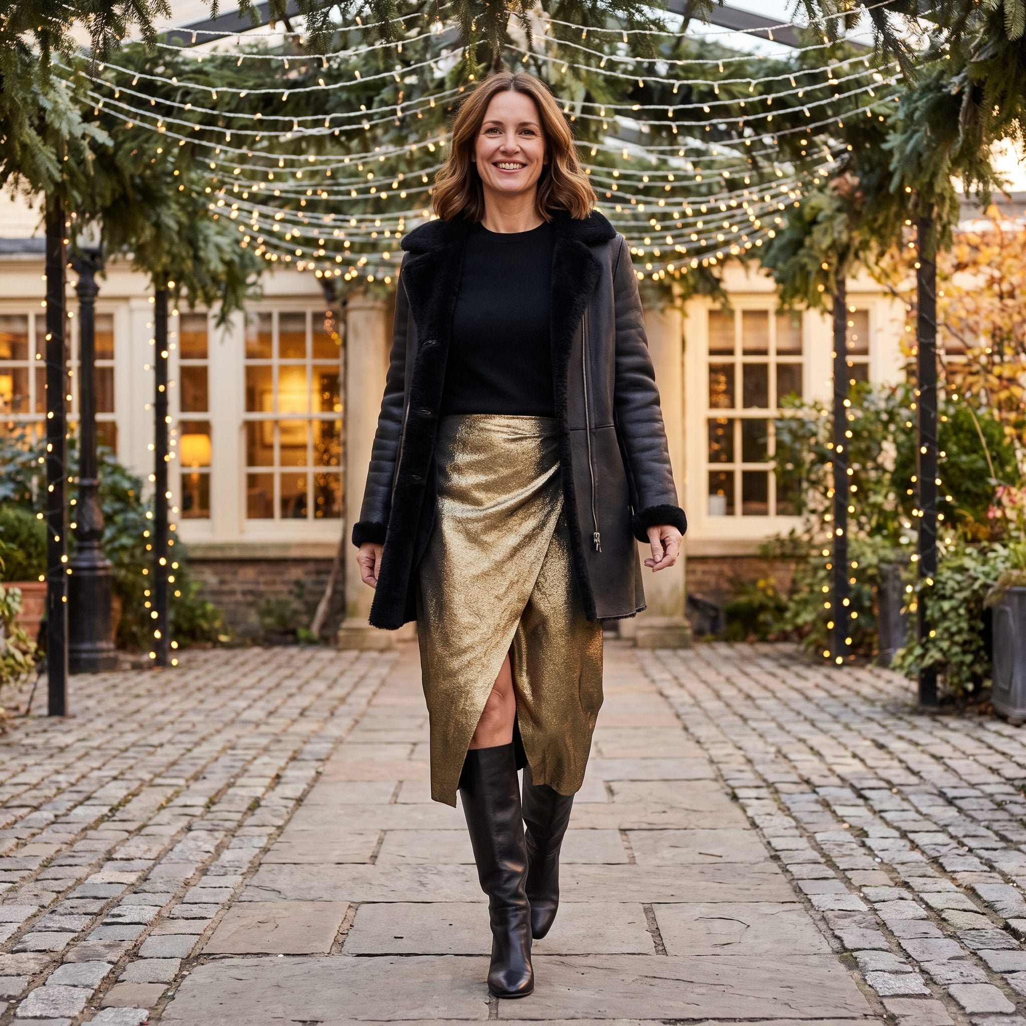Woman in an antique-gold lamé wrap skirt and black cashmere top under a partly fastened short black shearling coat