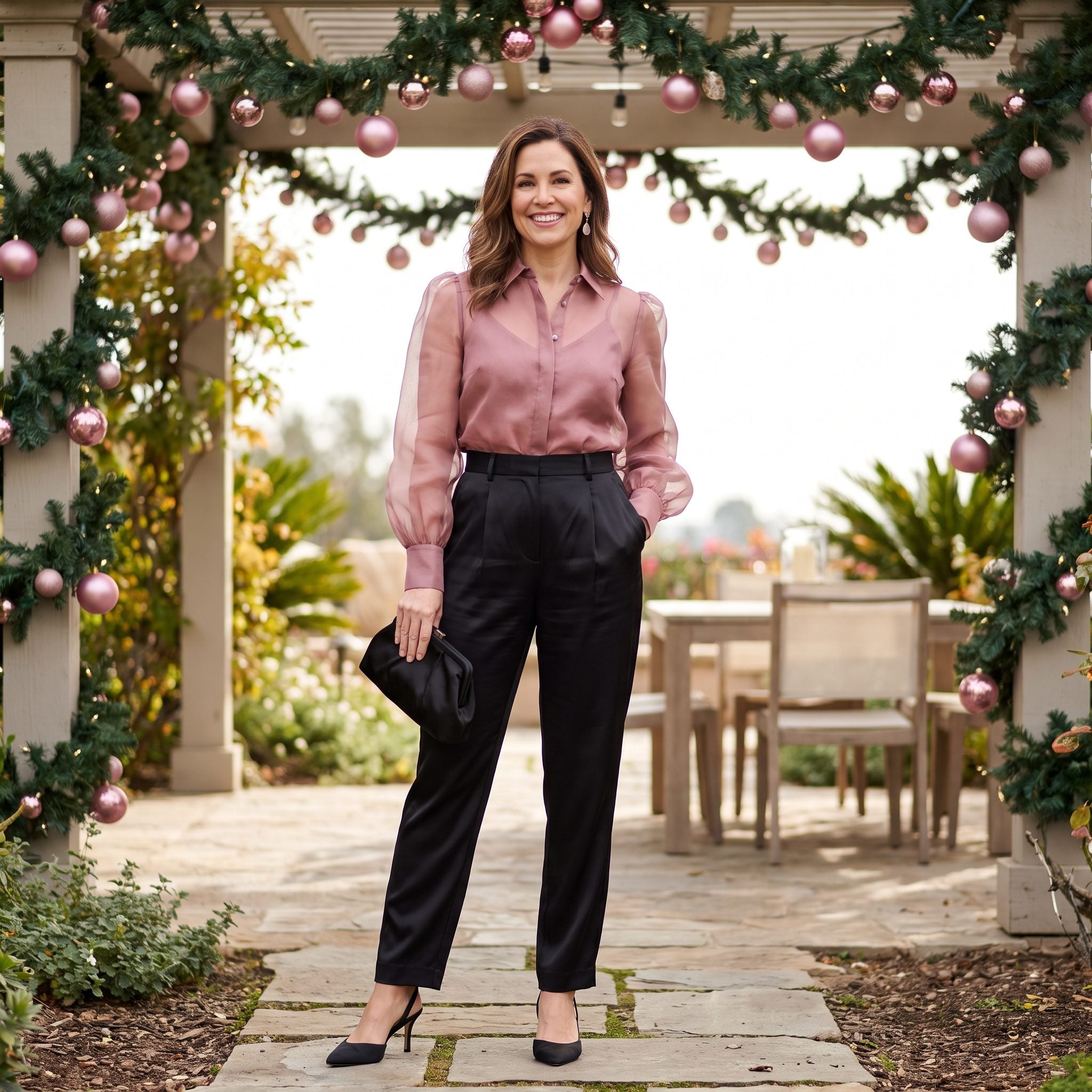 Black Silk Trousers With a Rose Organza Shirt