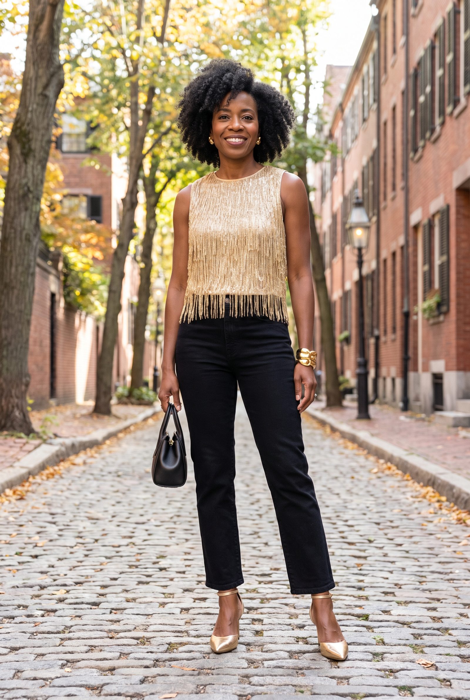 Black Straight-Leg Jeans With a Gold Fringe Top