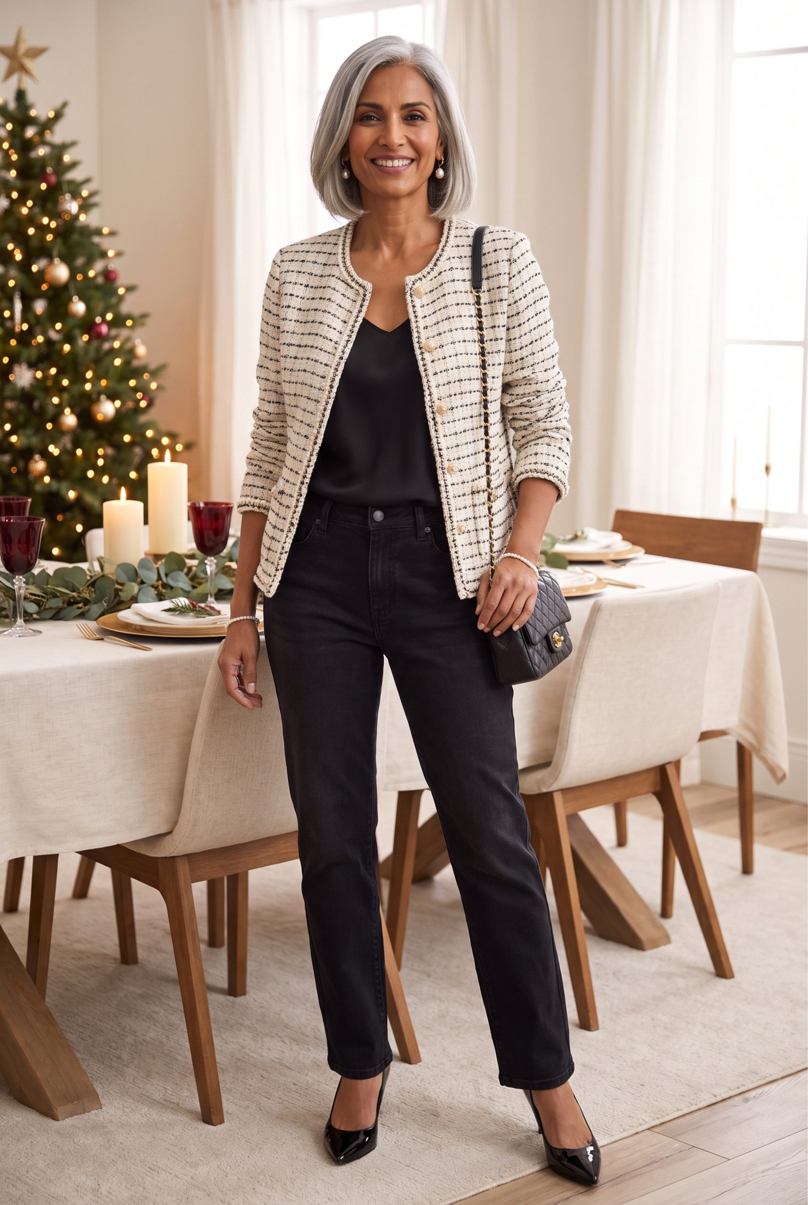 Black Straight-Leg Jeans With a Pearl-Trimmed Tweed Jacket