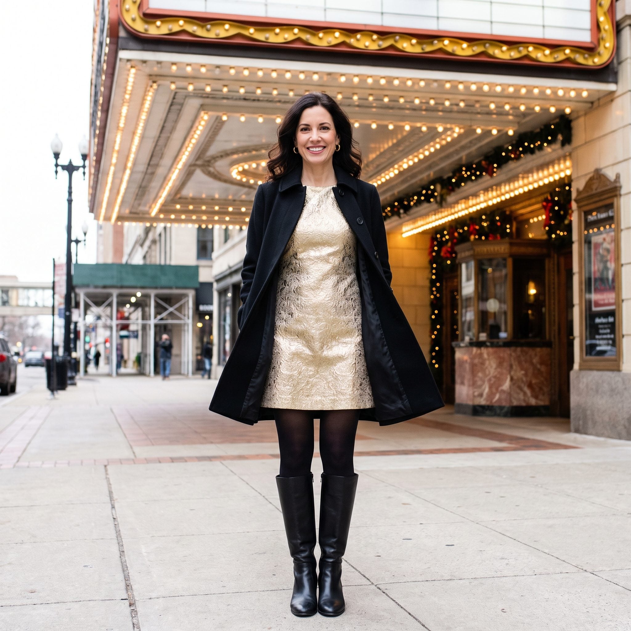 Black swing coat layered over a gold brocade mini dress with opaque tights and tall boots