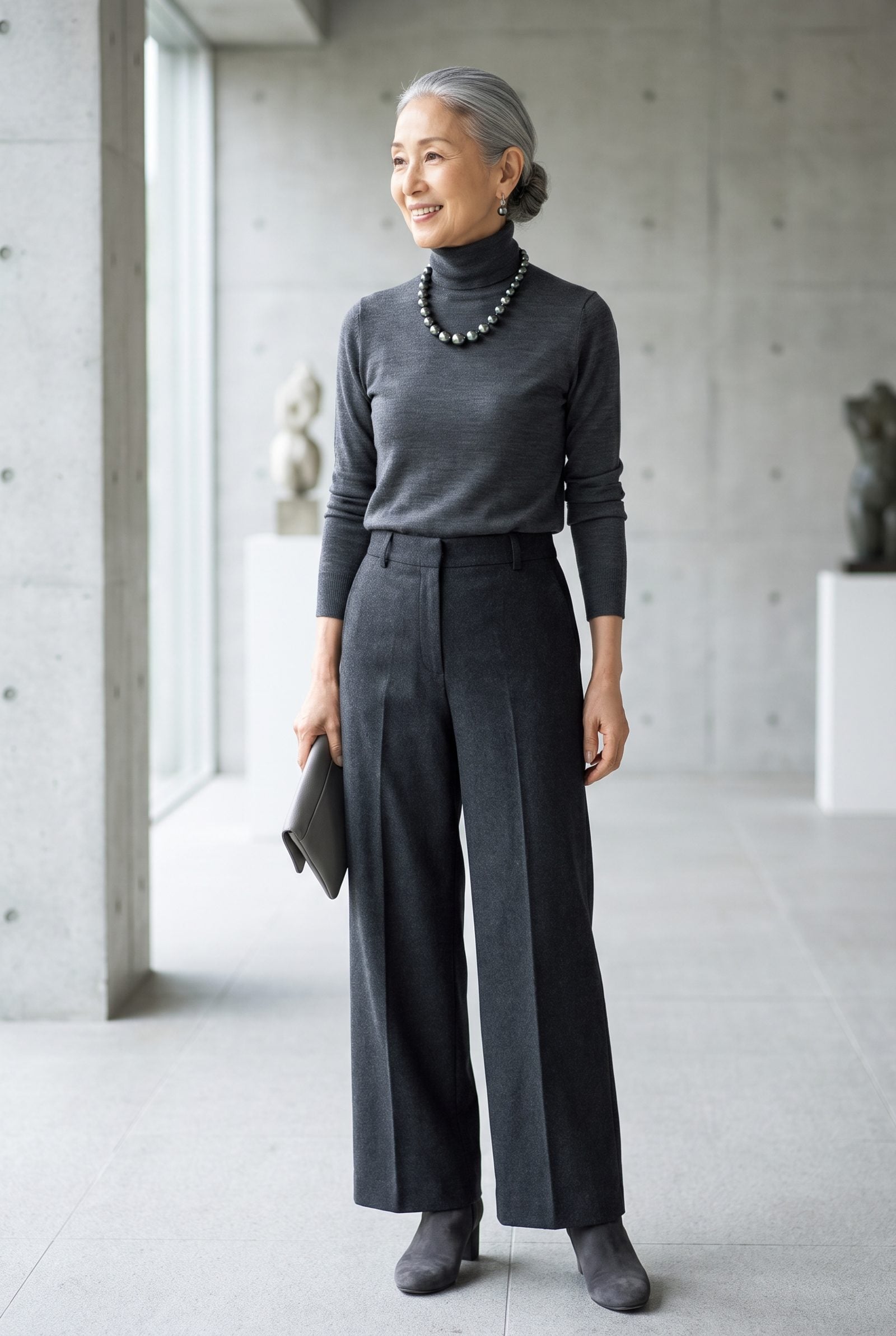 Black Tahitian Pearls With a Monochrome Charcoal Outfit