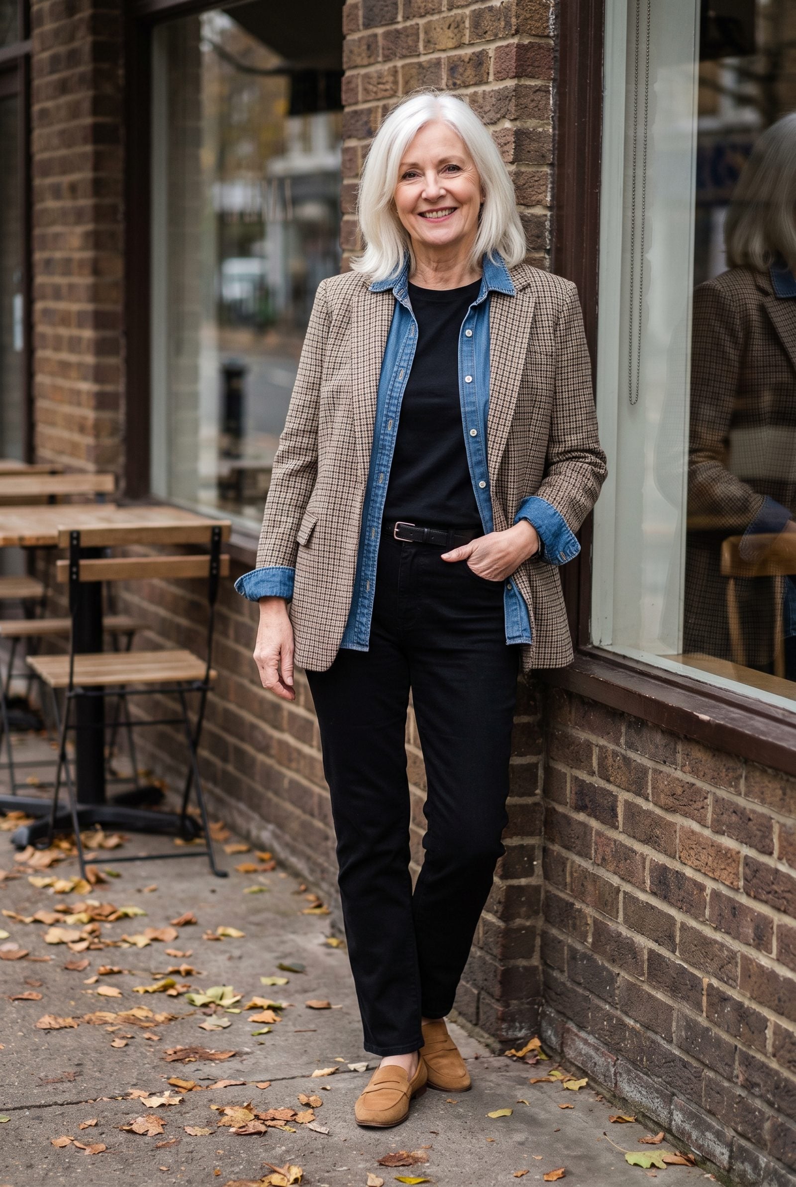 Black Tee + Open Denim Shirt + Checked Blazer