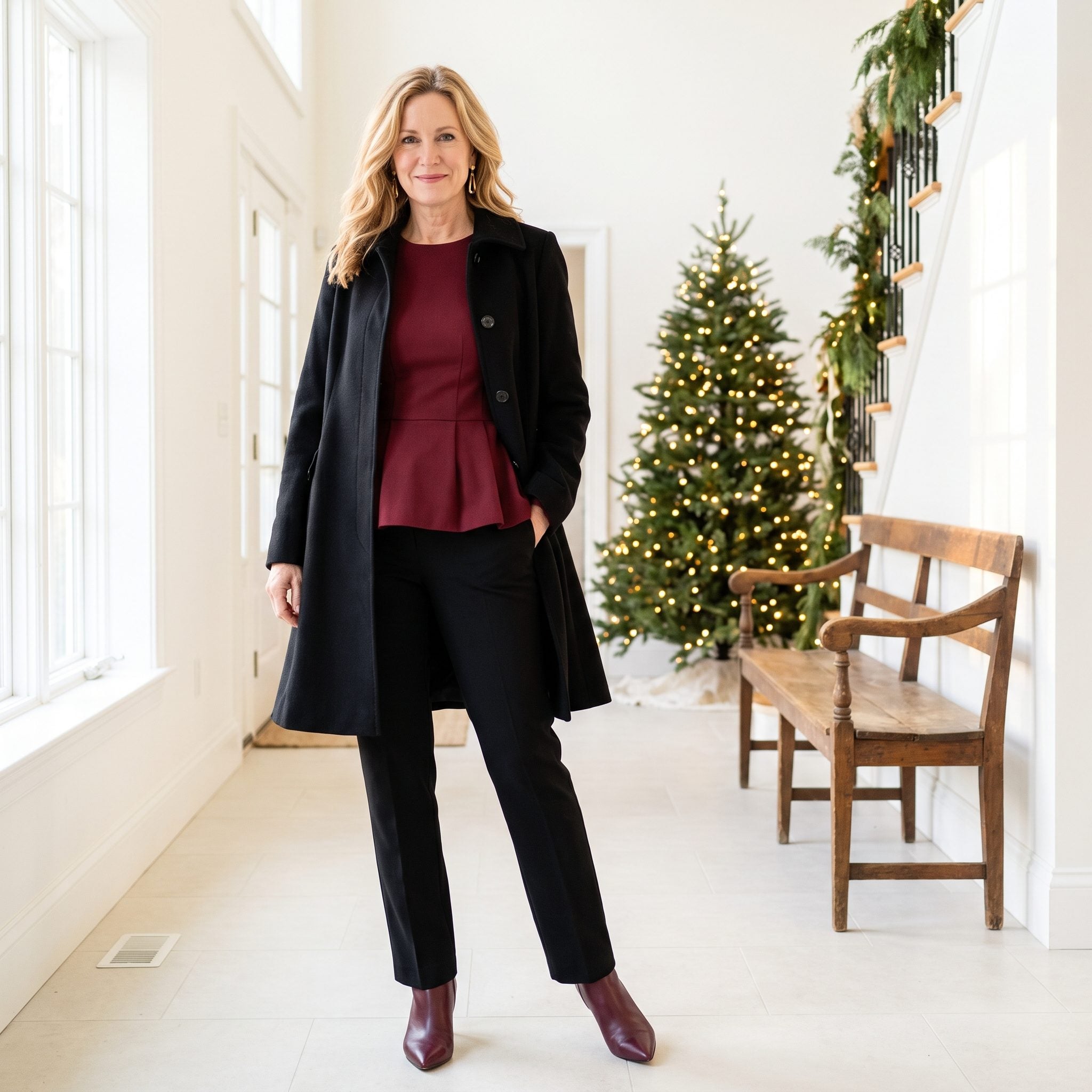 Black trapeze wool coat with a garnet peplum blouse and tailored trousers