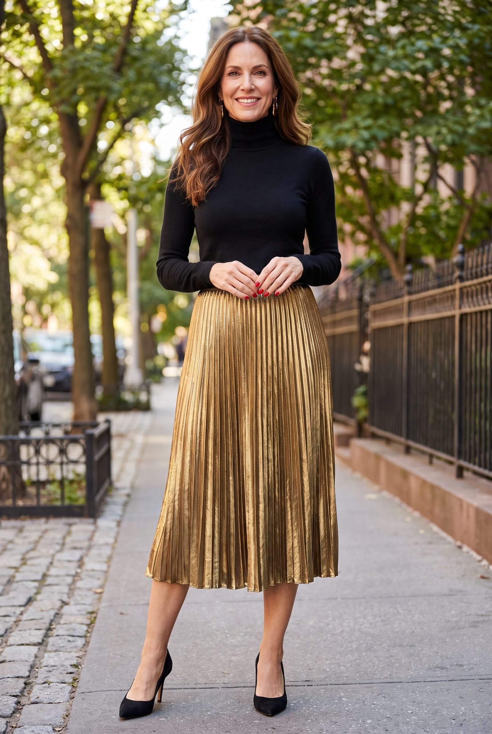 Black Turtleneck, Gold Skirt, and Red Nails Doing the Work