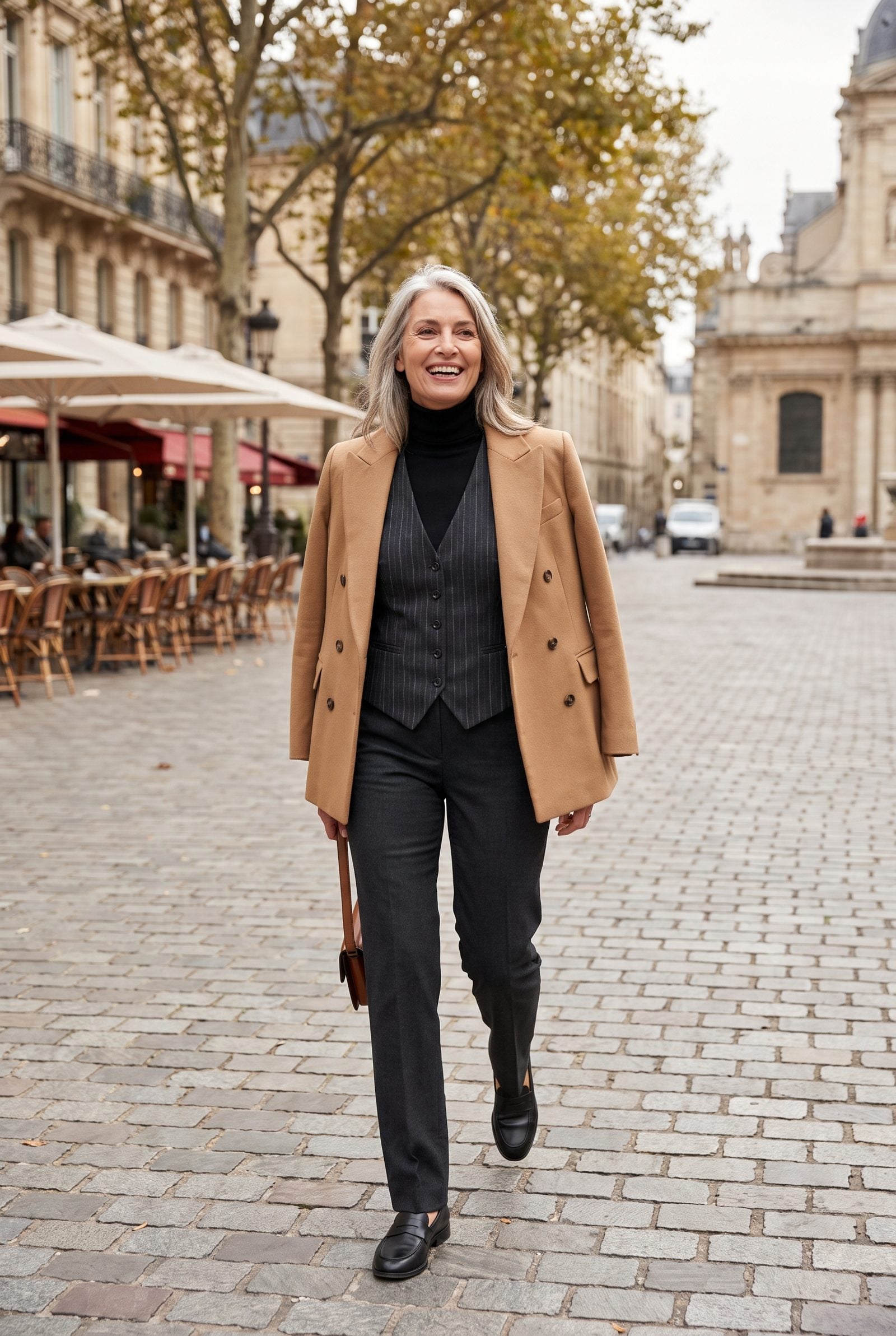 Black Turtleneck + Pinstripe Waistcoat + Camel Blazer