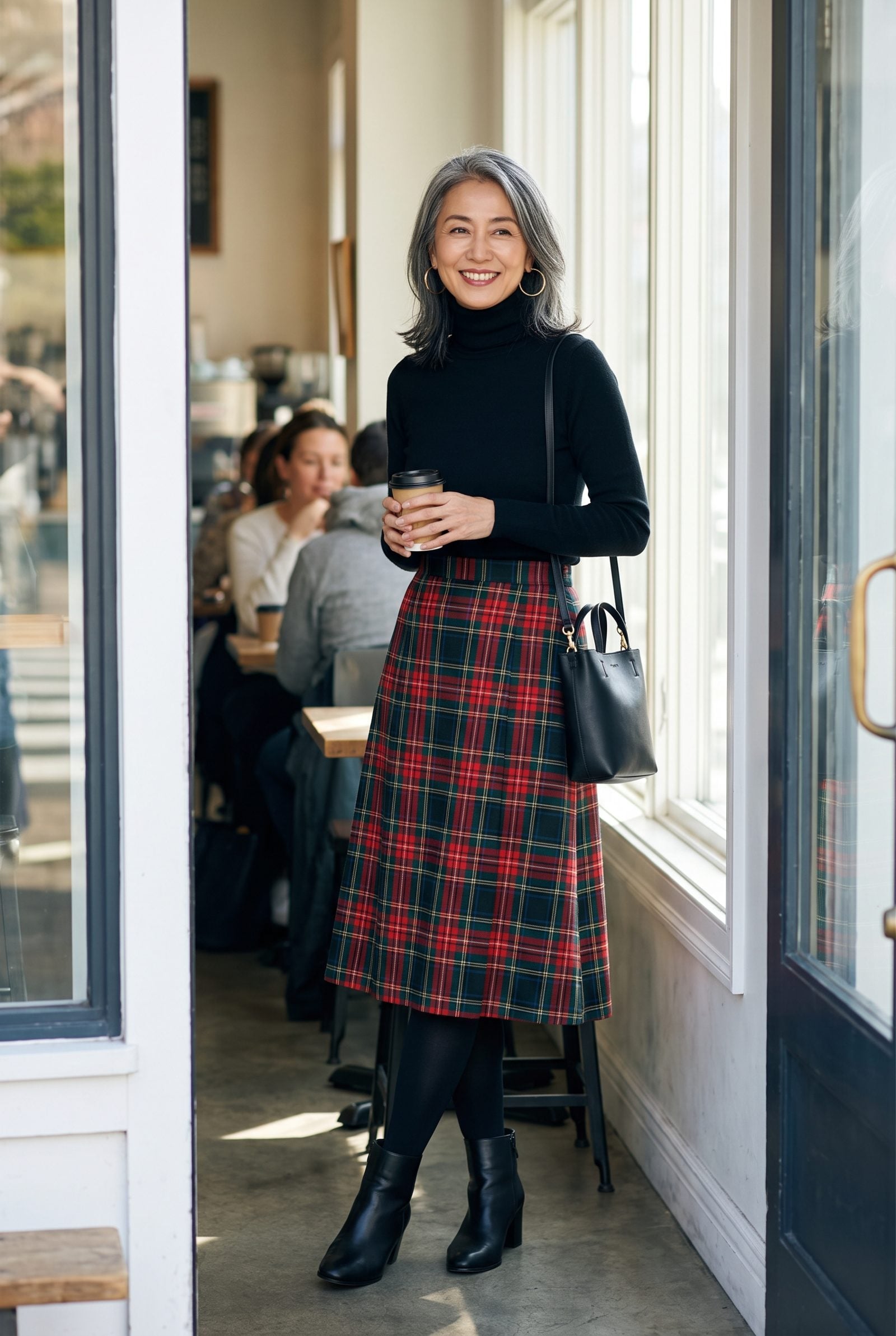 Black Turtleneck and Tartan Skirt With Gold Hoops
