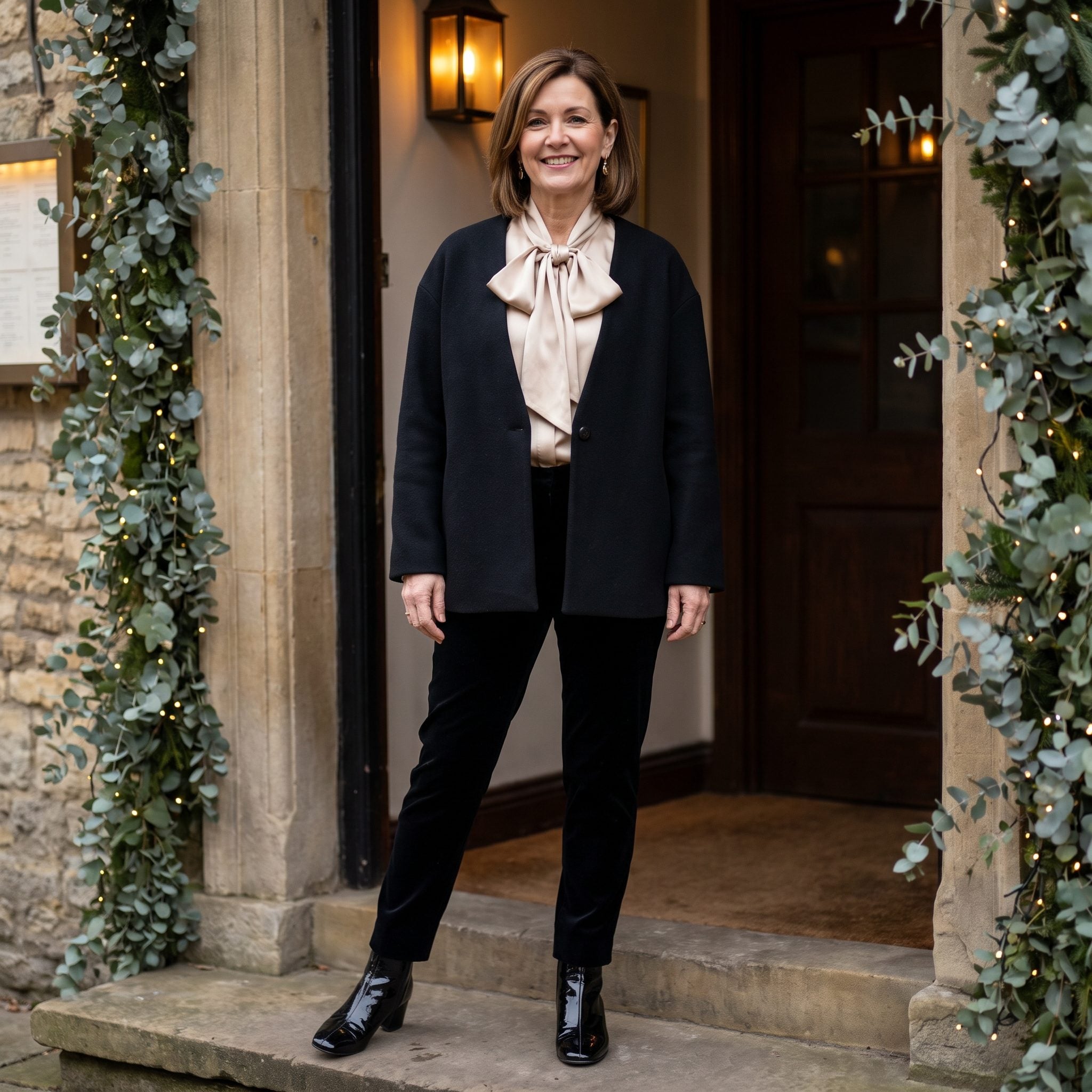 Black collarless V-neck jacket over a champagne silk bow blouse and velvet trousers