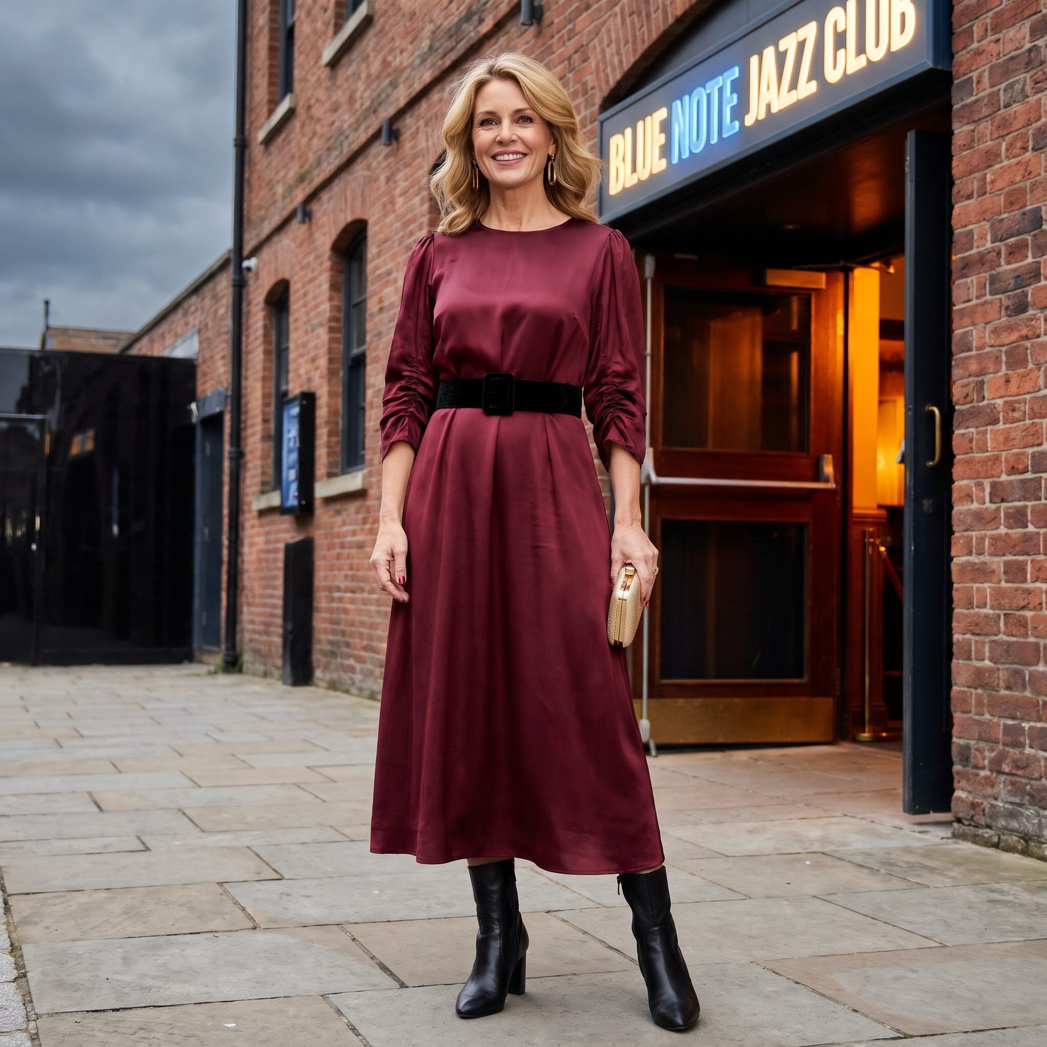 Burgundy satin evening dress with a black velvet belt at the natural waist