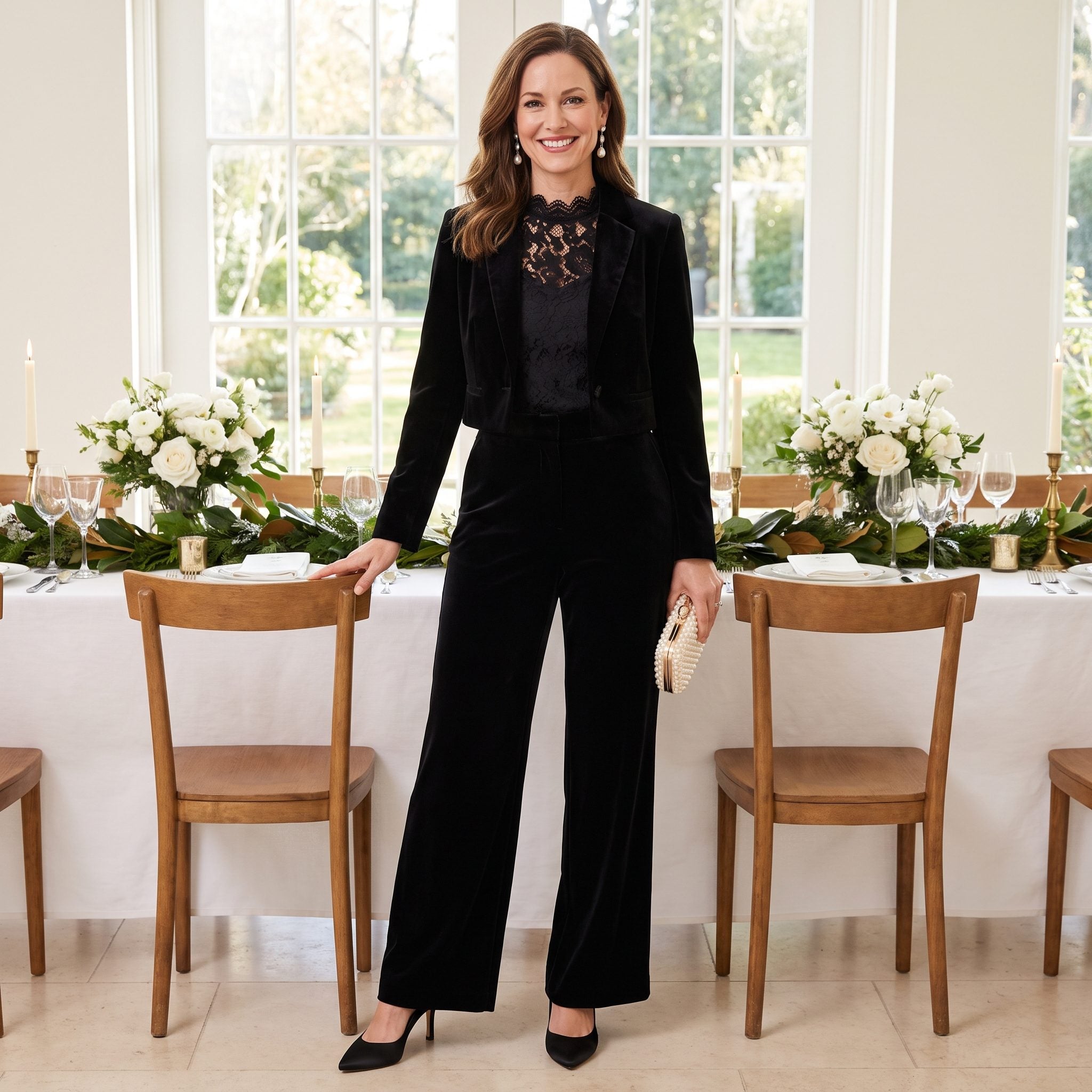 Black Velvet Wide-Leg Suit With a Lace Blouse