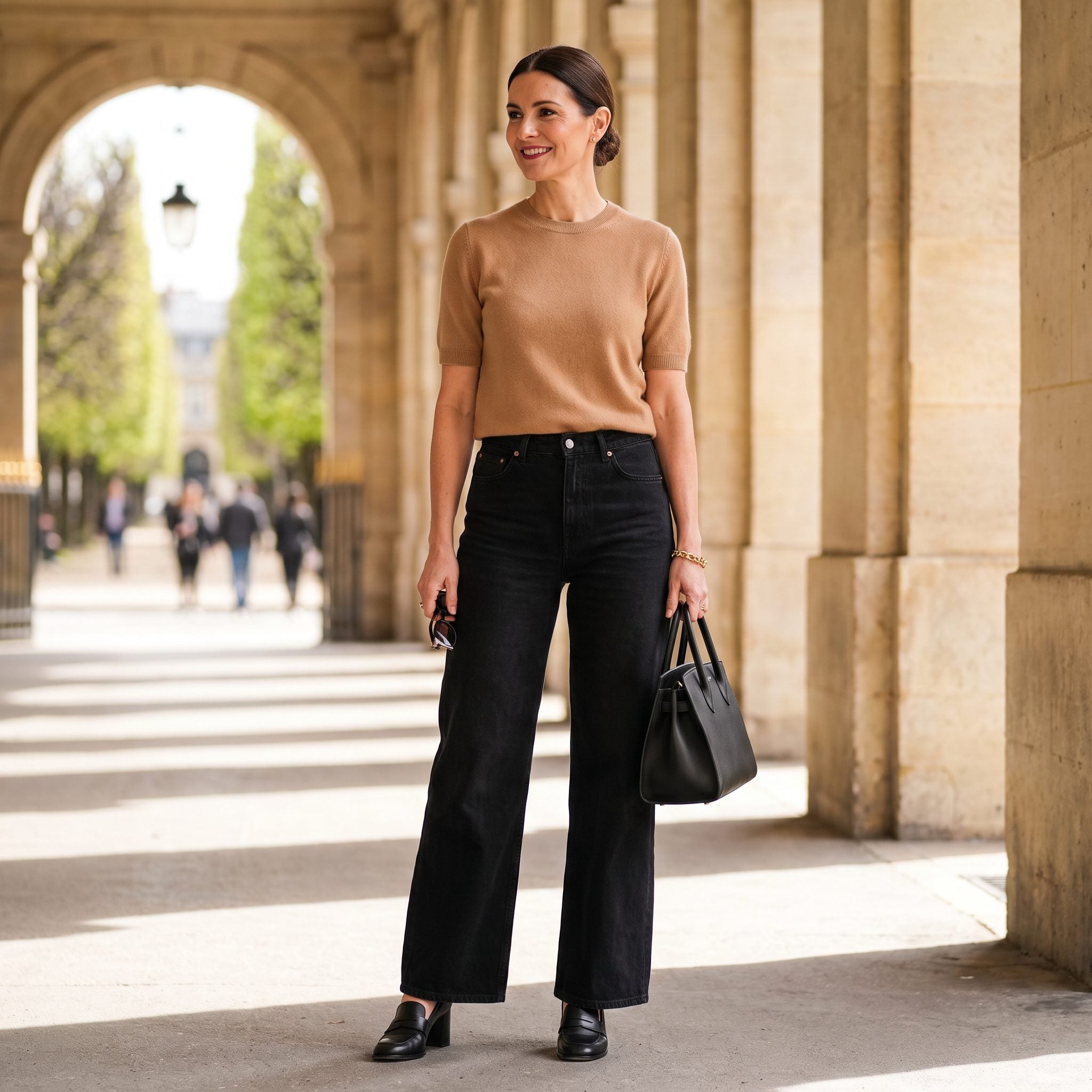 Black Wide-Leg Jeans + a Camel Cashmere Top