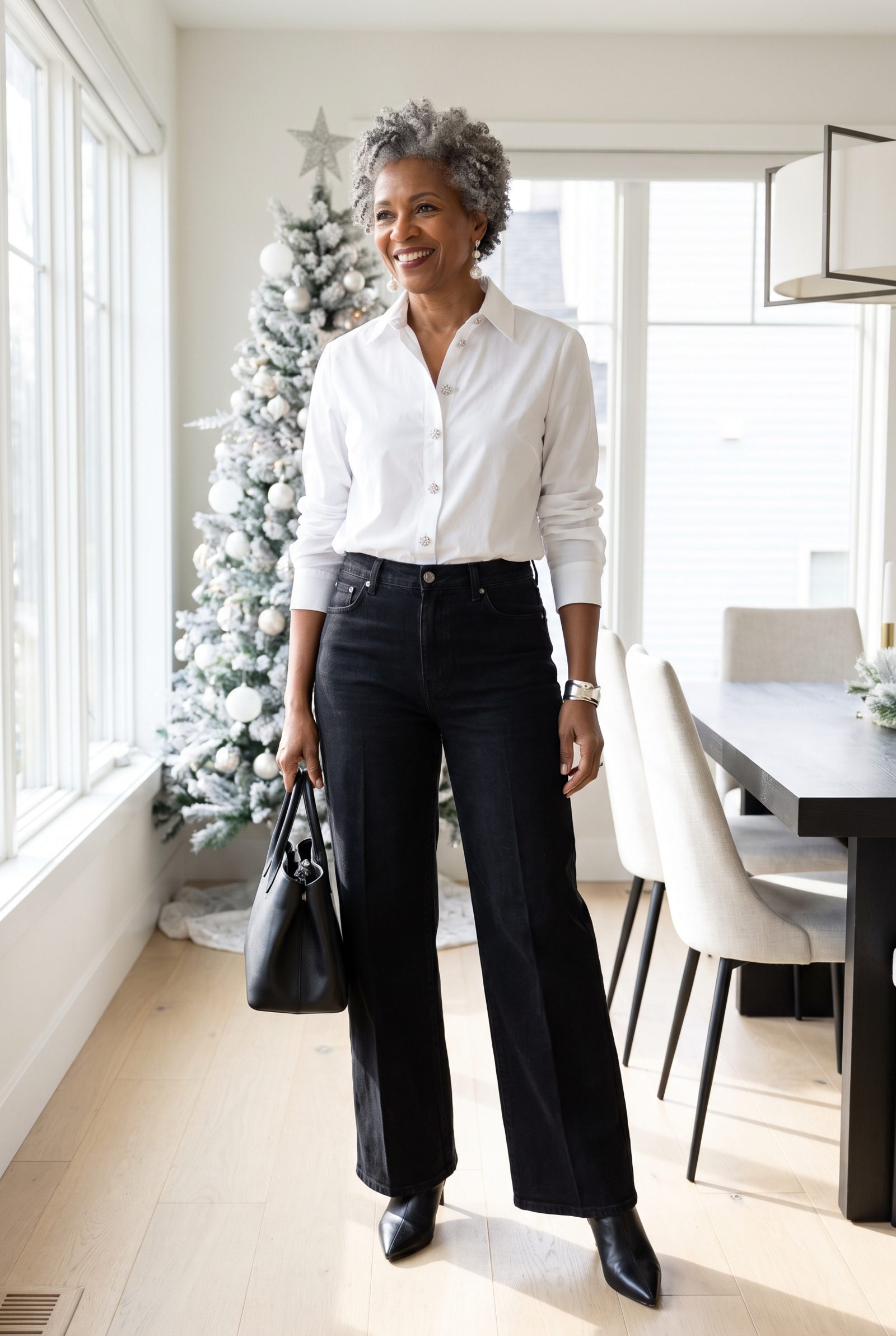 Black Wide-Leg Jeans With a Crystal-Button White Shirt