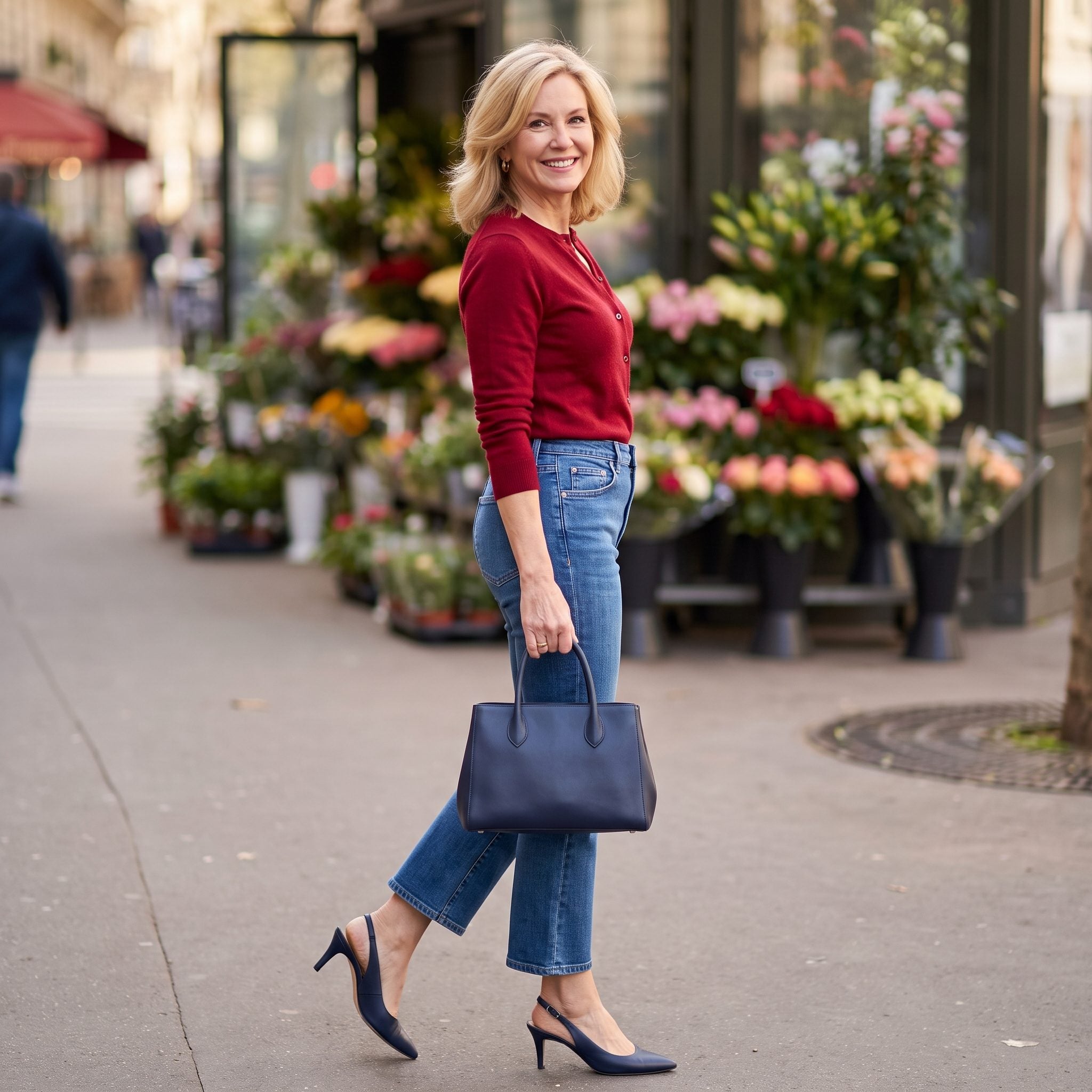 Blue Kick Flares + a Cherry-Red Cardigan