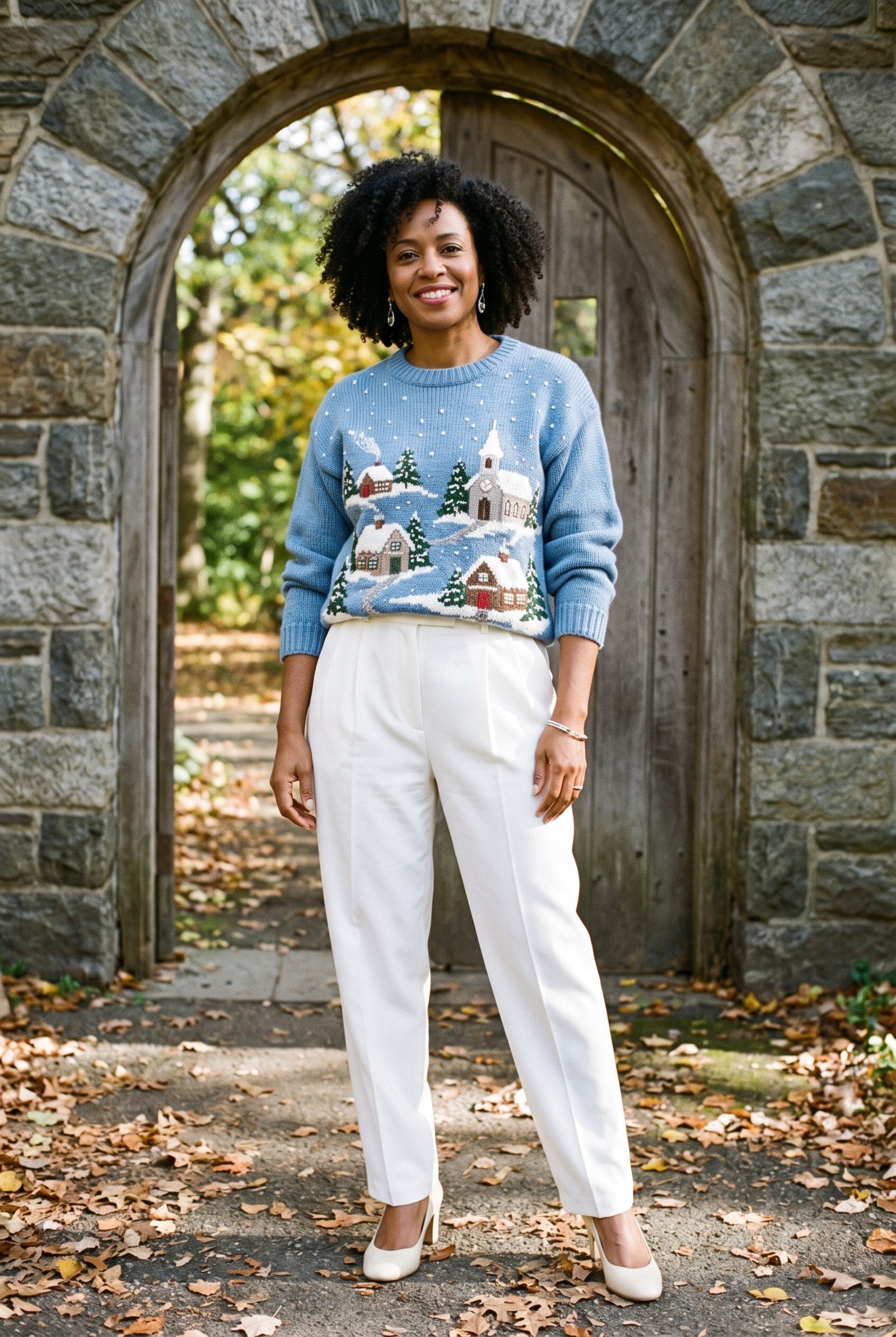 The Blue Sweater With a Winter Village Scene