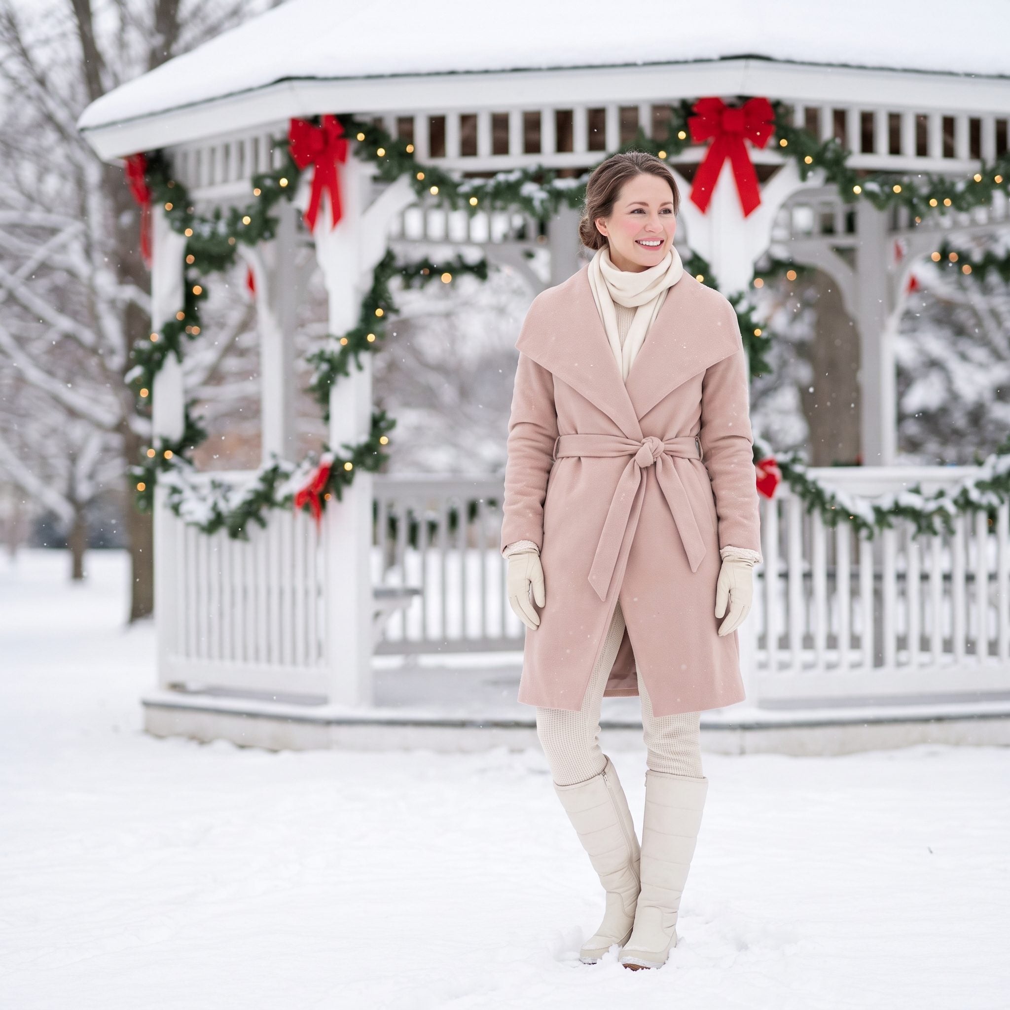 Blush wrap coat styled with ivory winter boots