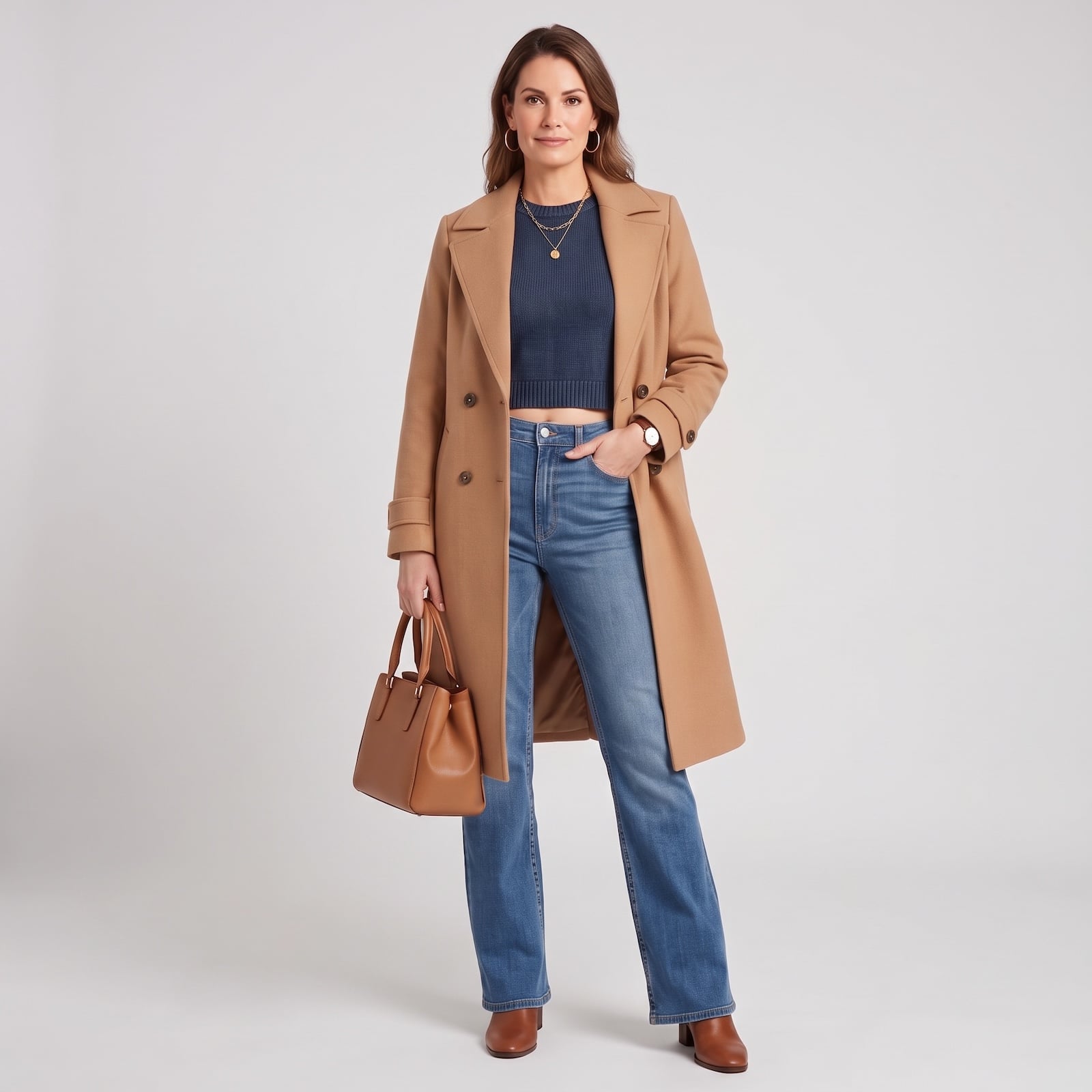Woman wearing bootcut jeans in a polished fall outfit