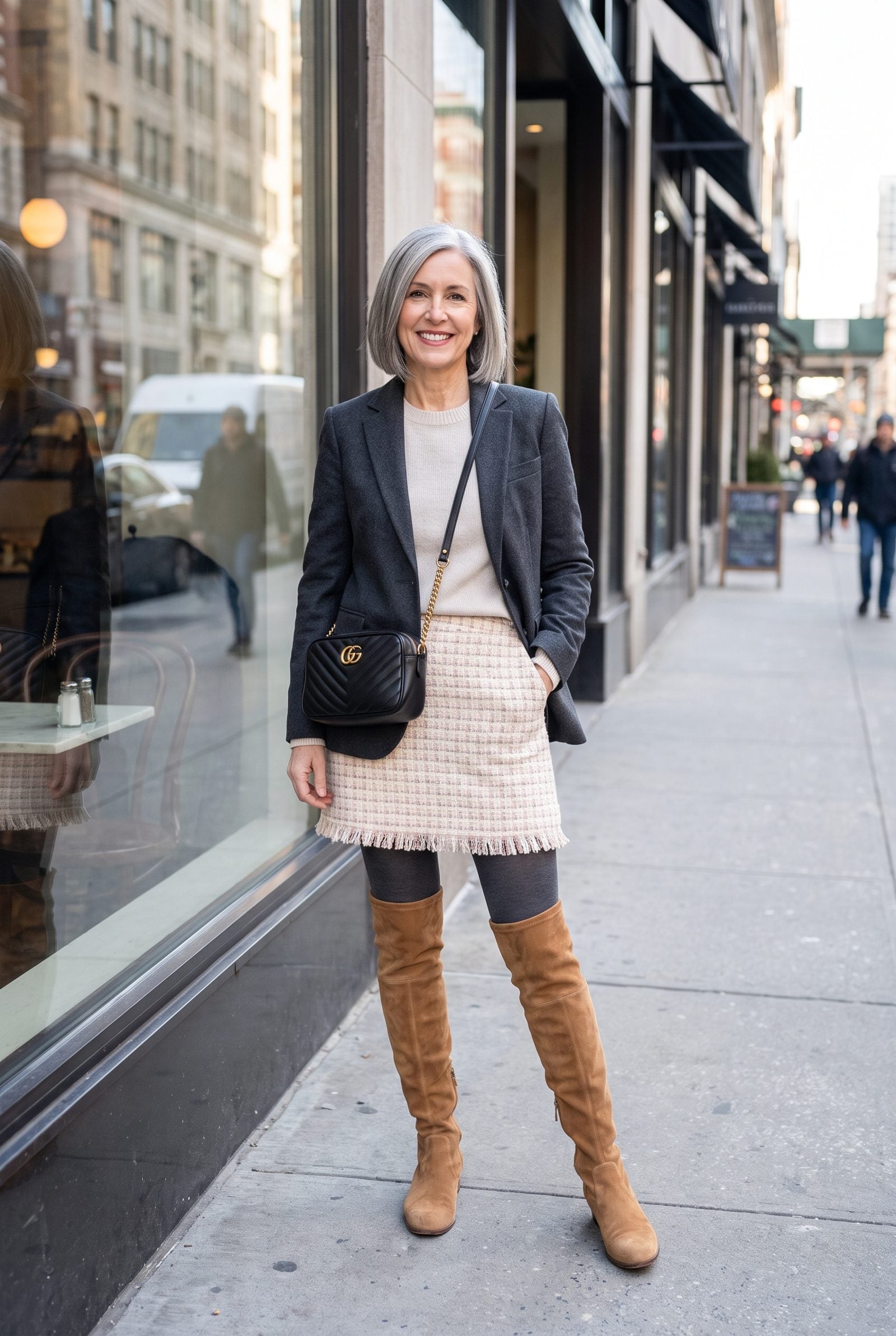 Bouclé Mini Skirt With Tights and Tall Stretch Boots