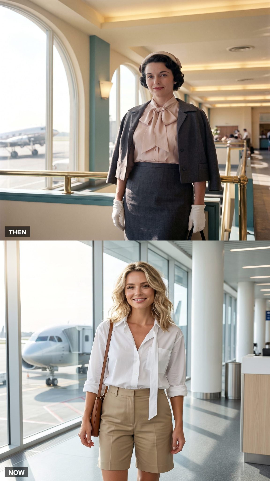 Vintage bow blouse and pencil skirt compared with a modern white shirt and tailored Bermuda shorts