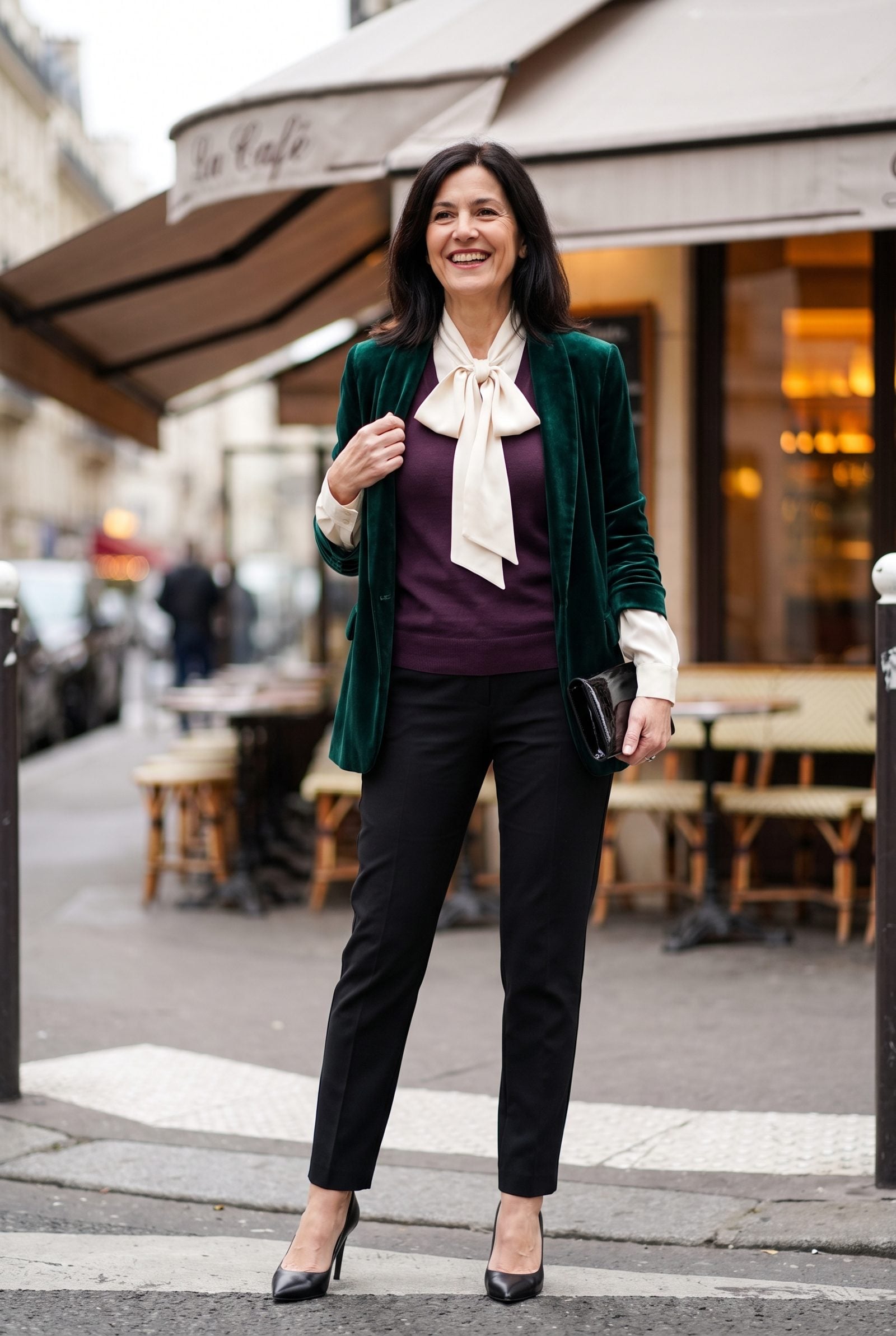 Bow Blouse + Fine-Knit Vest + Velvet Blazer