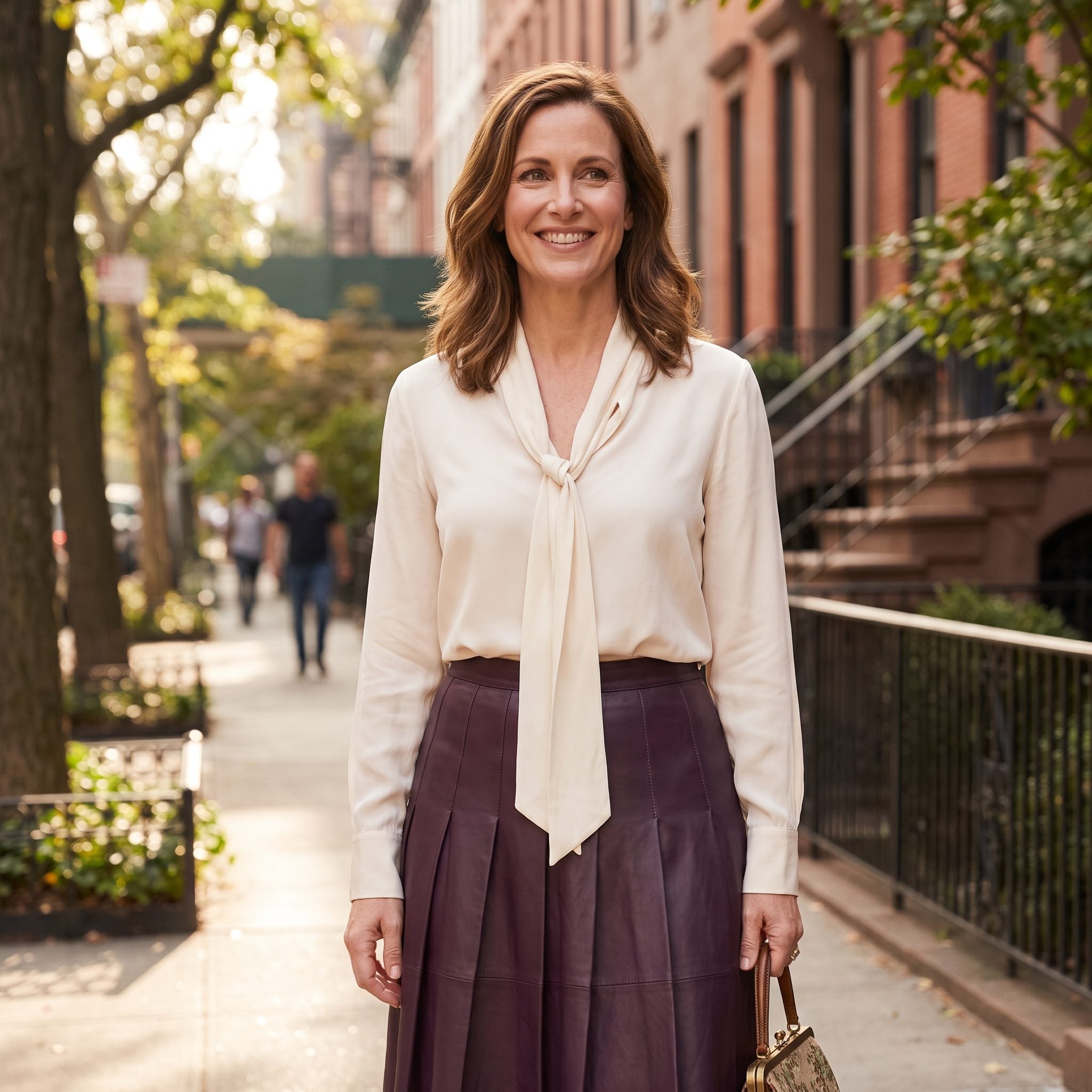 Cream silk bow-neck blouse with an aubergine leather skirt and burgundy shoes