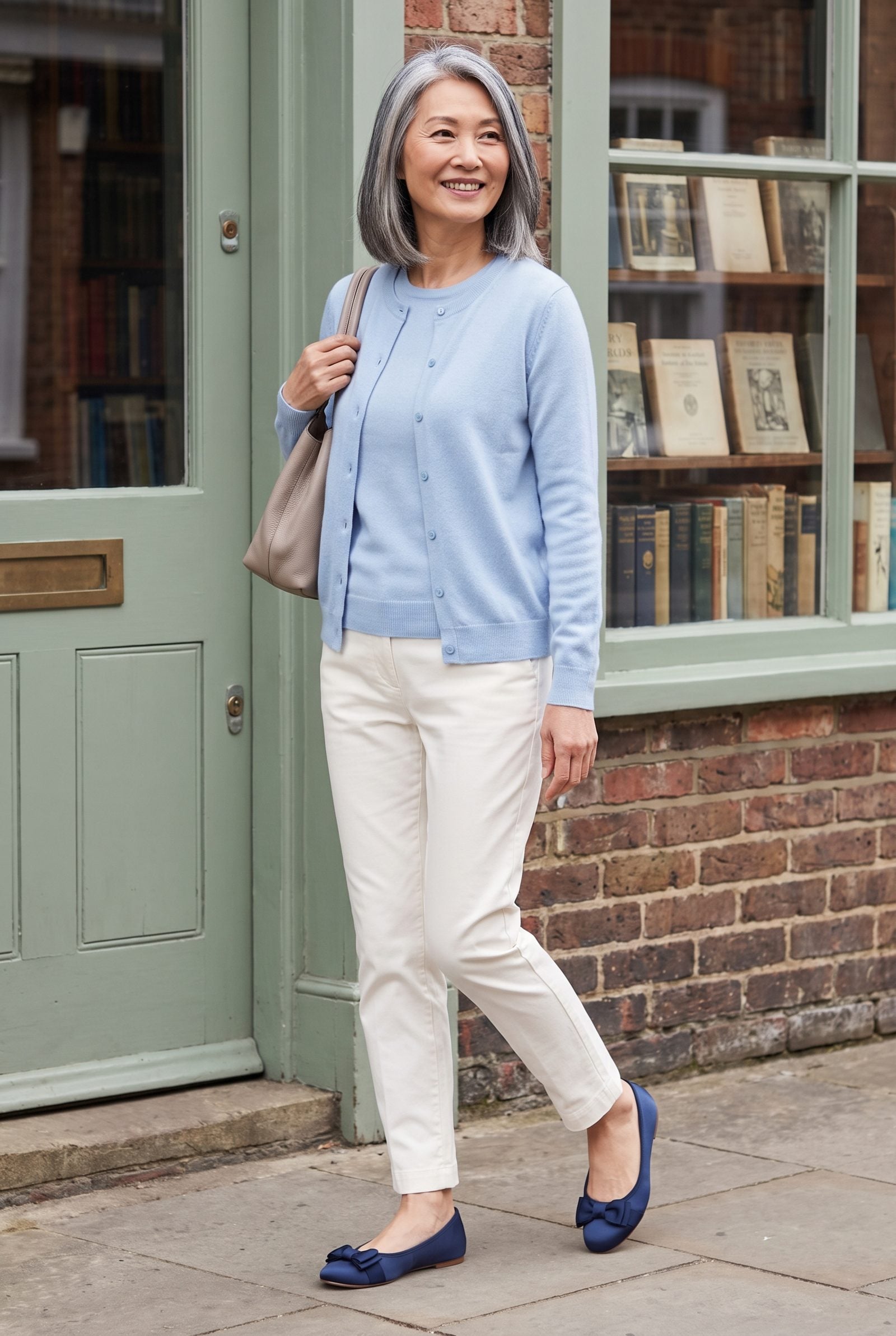 Bow-Topped Ballet Flats Finish a Powder-Blue Twinset and Ivory Cigarette Pants