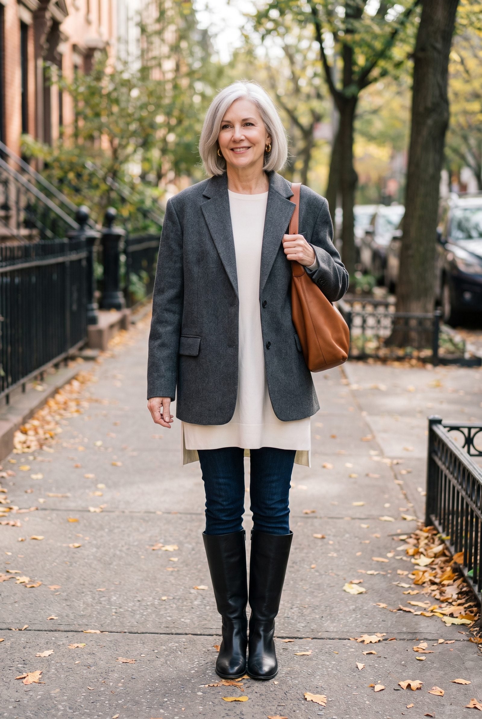 Woman in a boxy charcoal blazer, ivory tunic and knee-high boots, with the tunic hem and boot top creating three horizontal