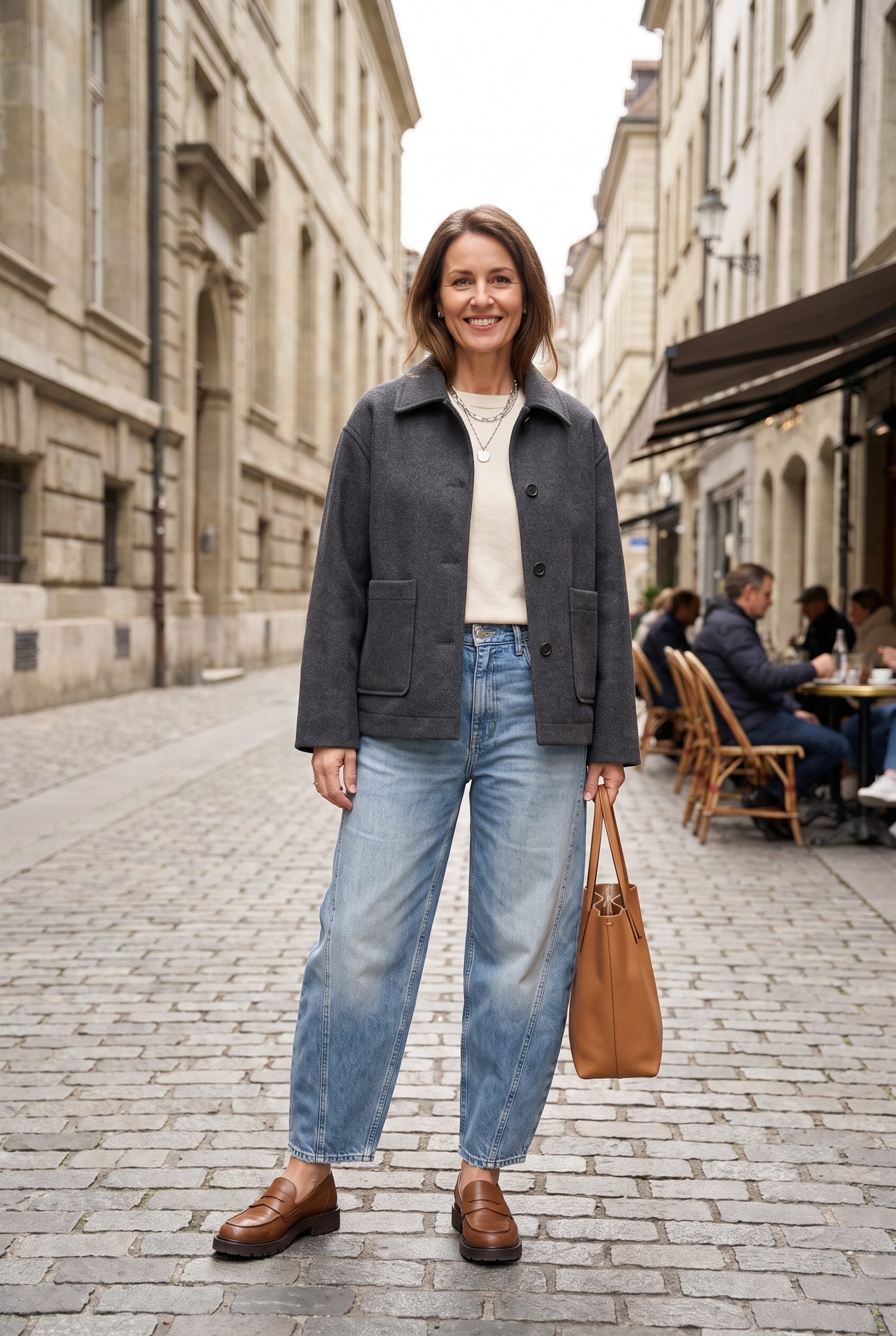 Boxy Melton Jacket With Light-Wash Horseshoe Jeans
