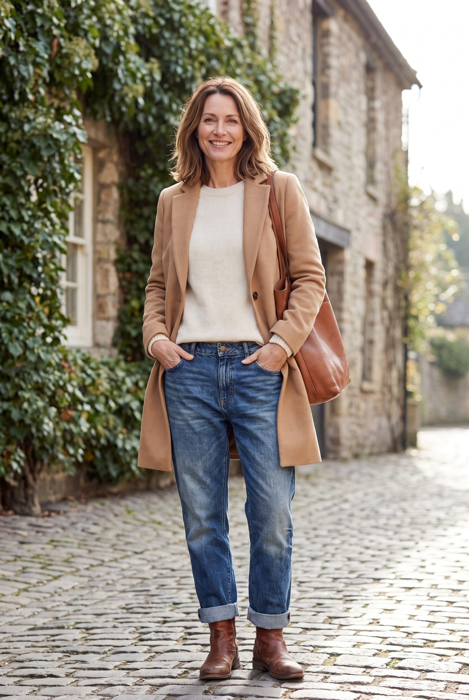 Woman in a garden doorway wearing roomy boyfriend-fit jeans with a single cuff and a fitted white tee.