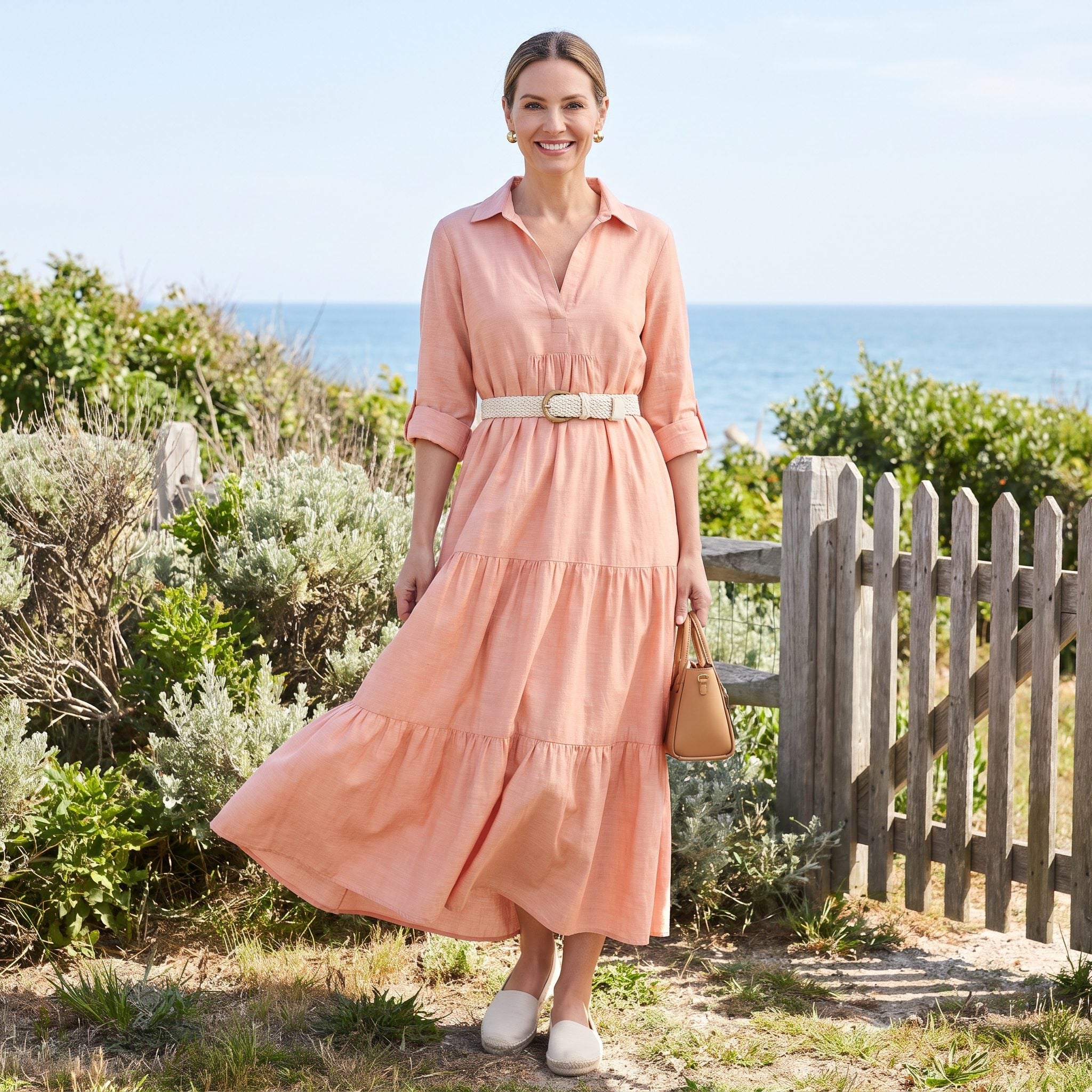 Peach chambray maxi dress with a cream braided belt worn beneath the bust