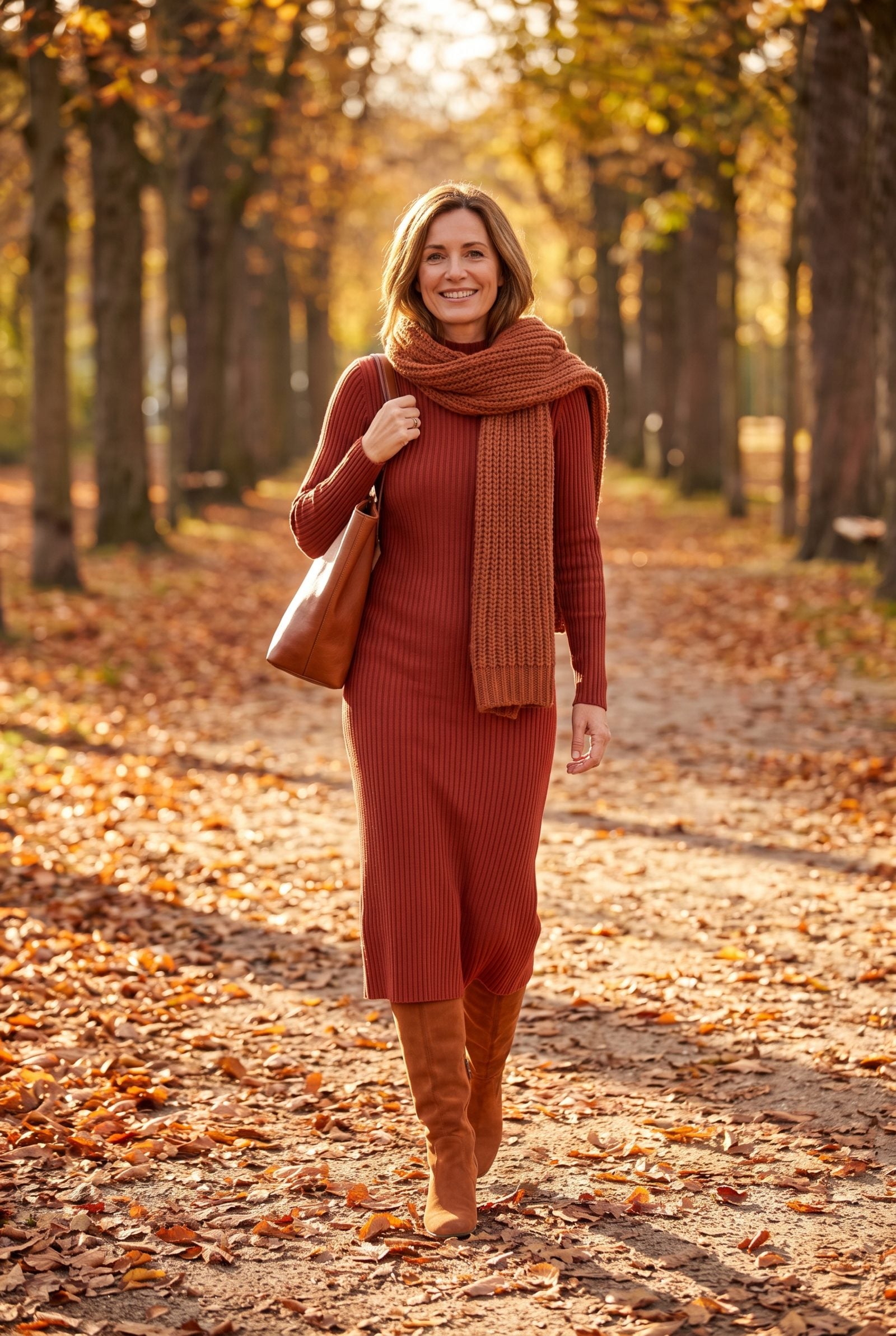Brick-Red Ribbed Dress With Cognac Suede Boots