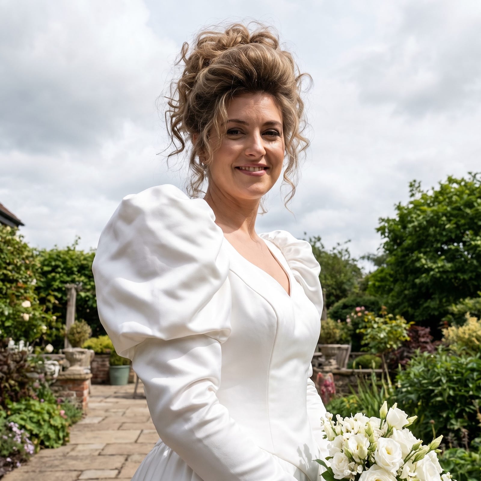 1990s bridal fashion featuring dramatic wedding gown details