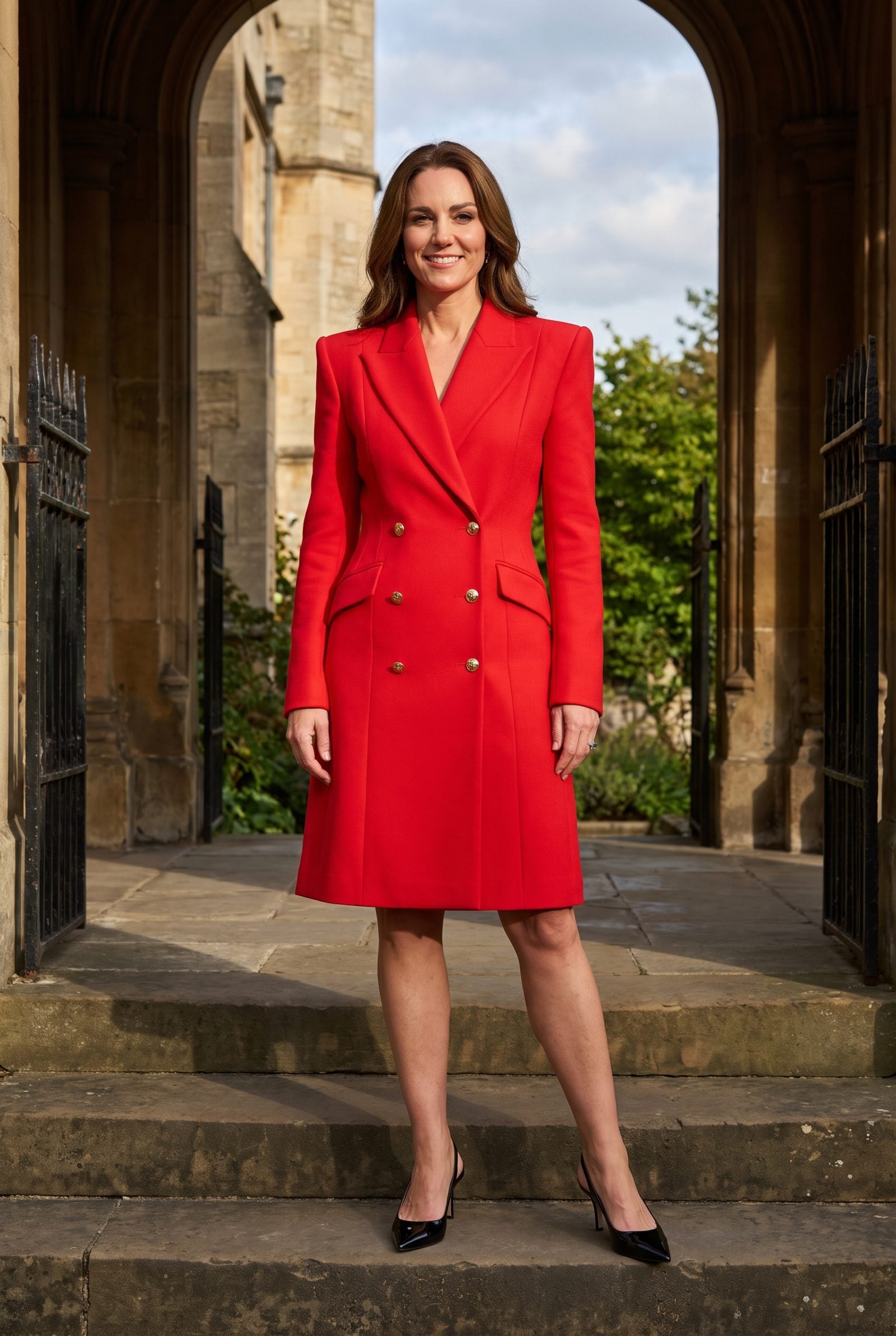 Bright-Red Tailored Coatdress With Black Slingbacks