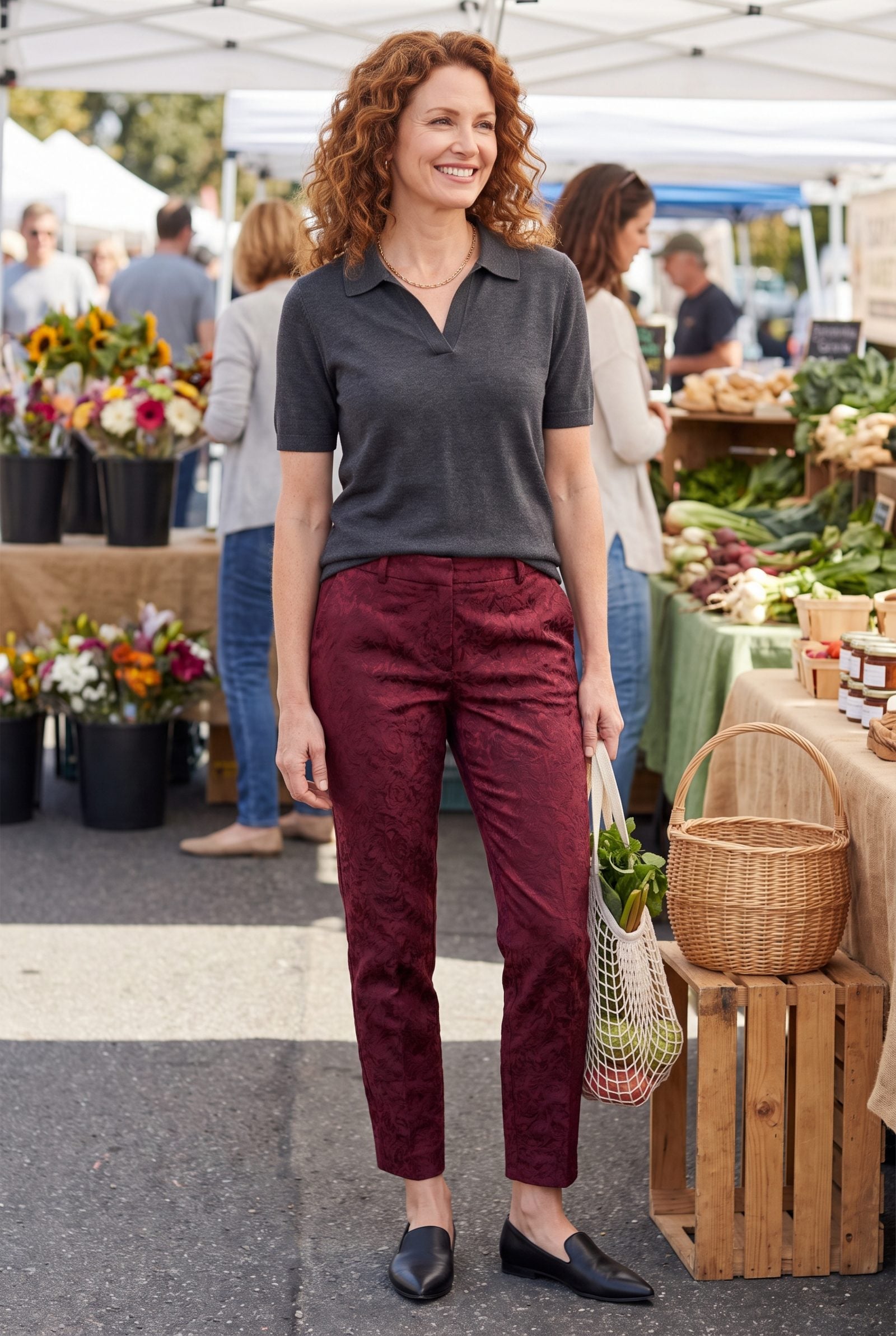 Brocade Cigarette Pants With a Simple Knit Polo