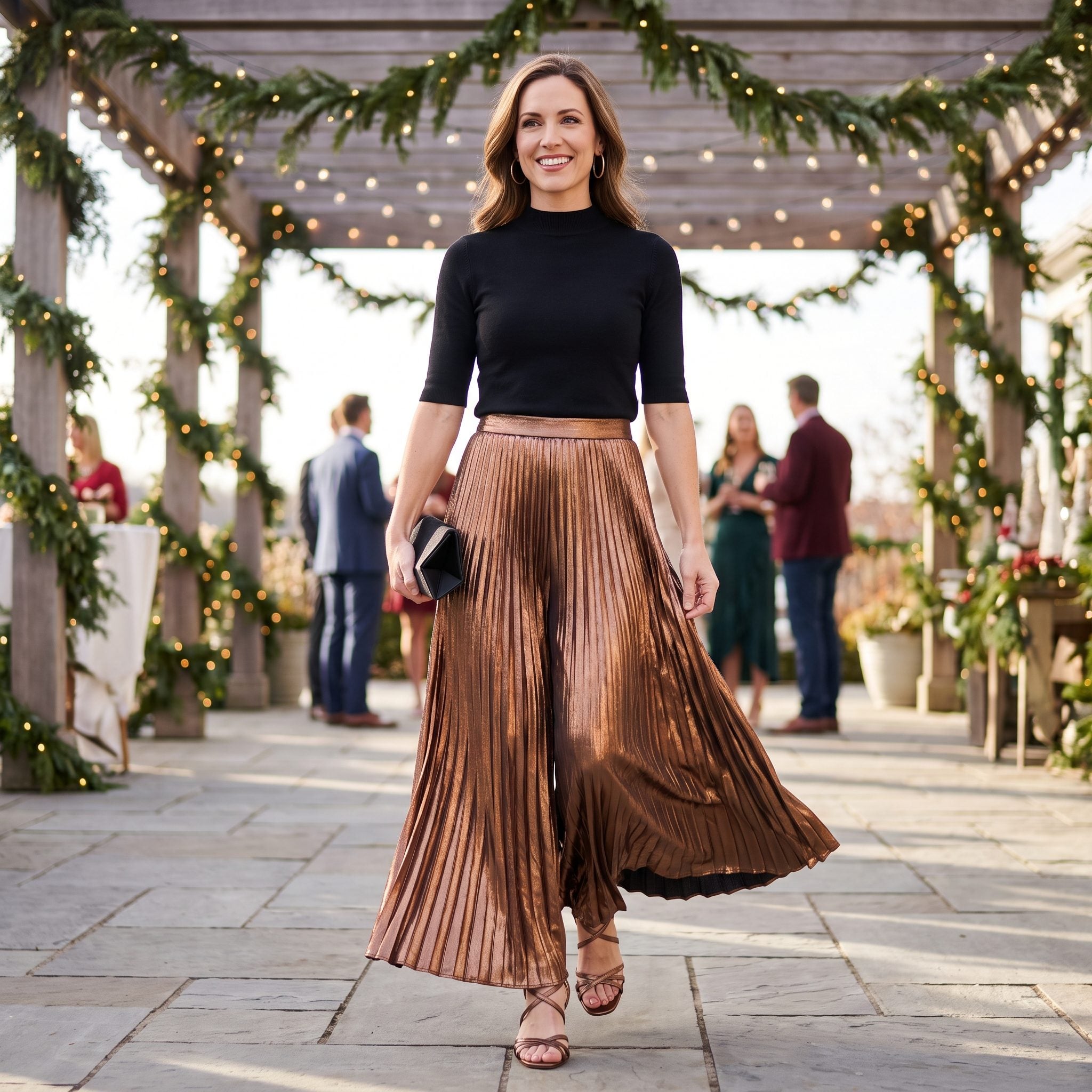 Bronze Accordion-Pleated Pants With a Black Mock Neck