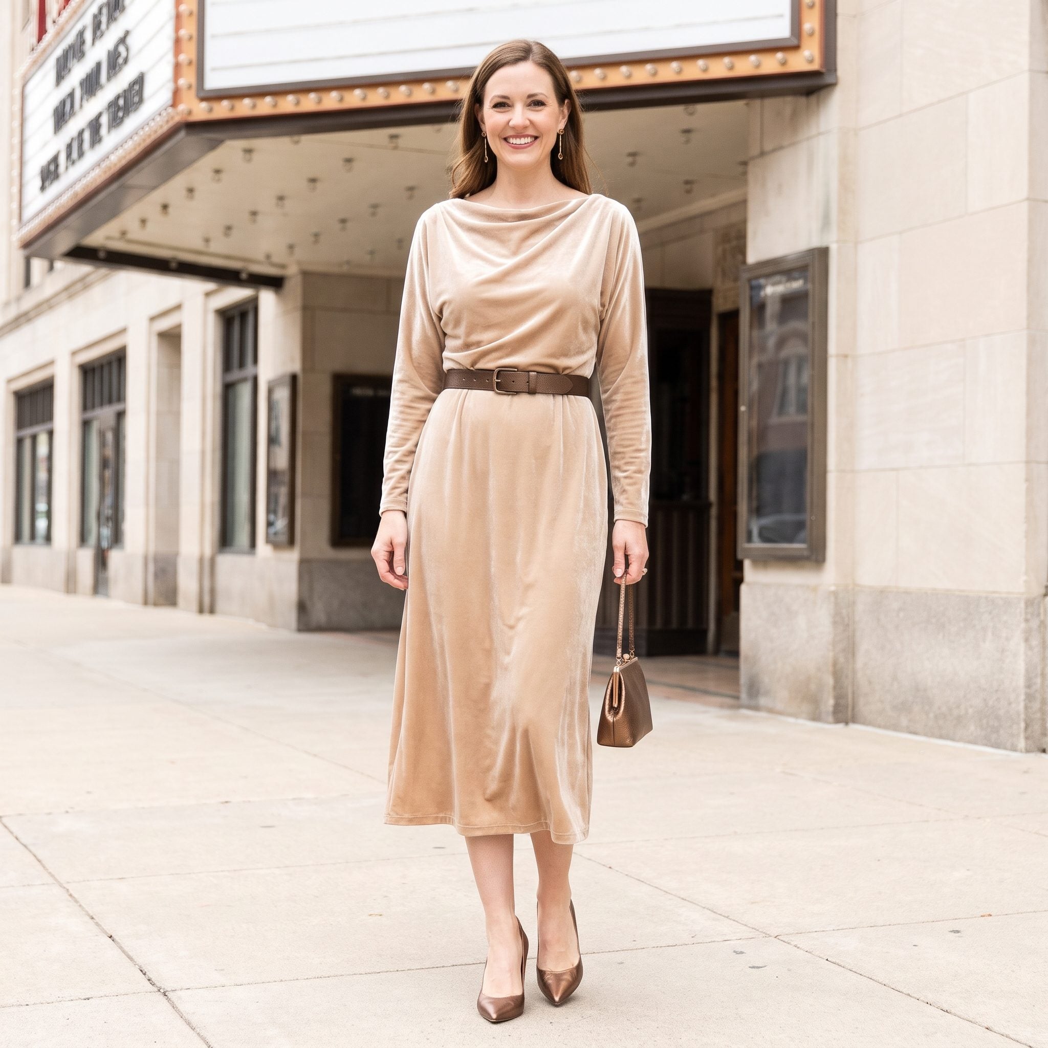 Champagne velvet dress with a dark bronze belt at the natural waist