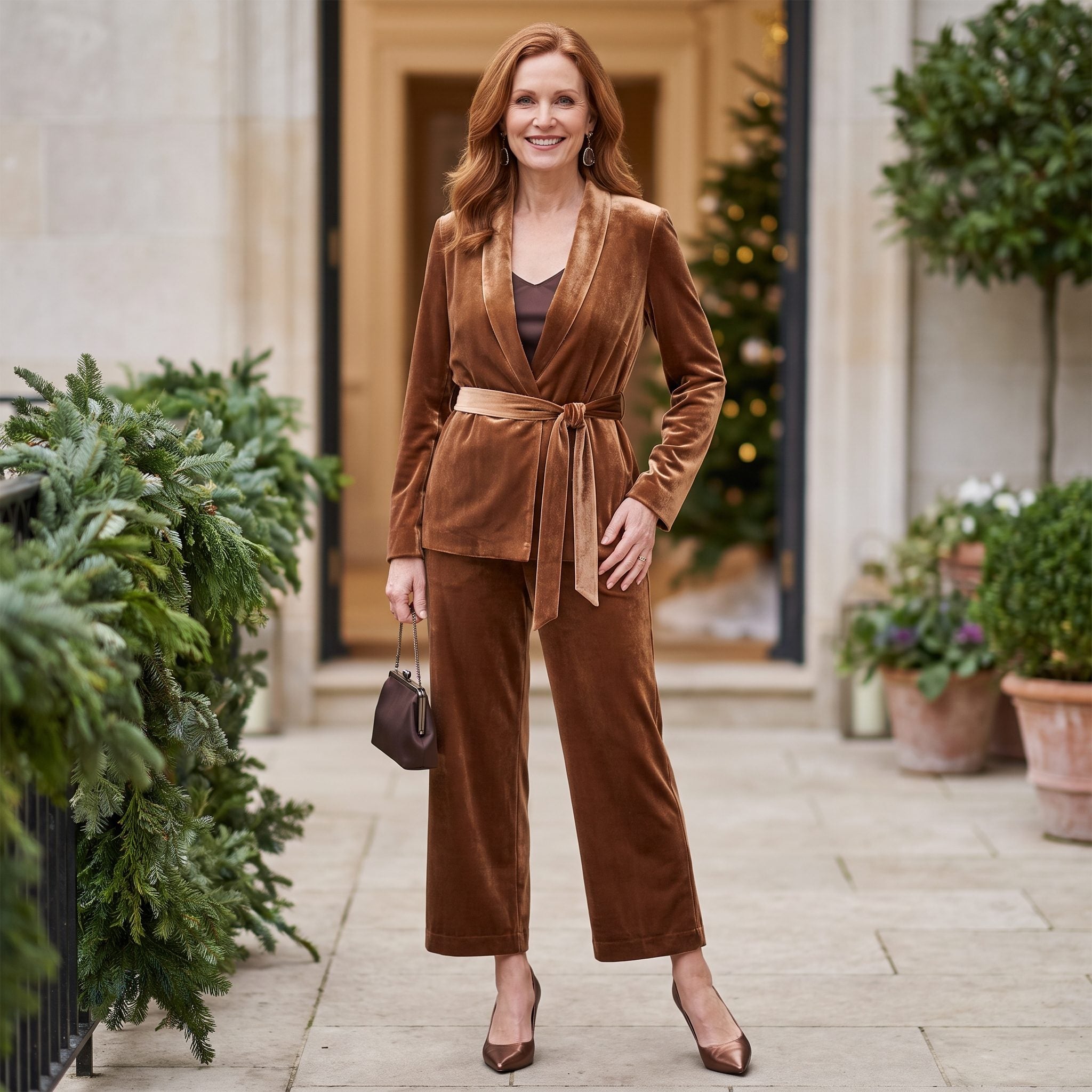 Bronze velvet wrap jacket and cropped wide-leg trousers