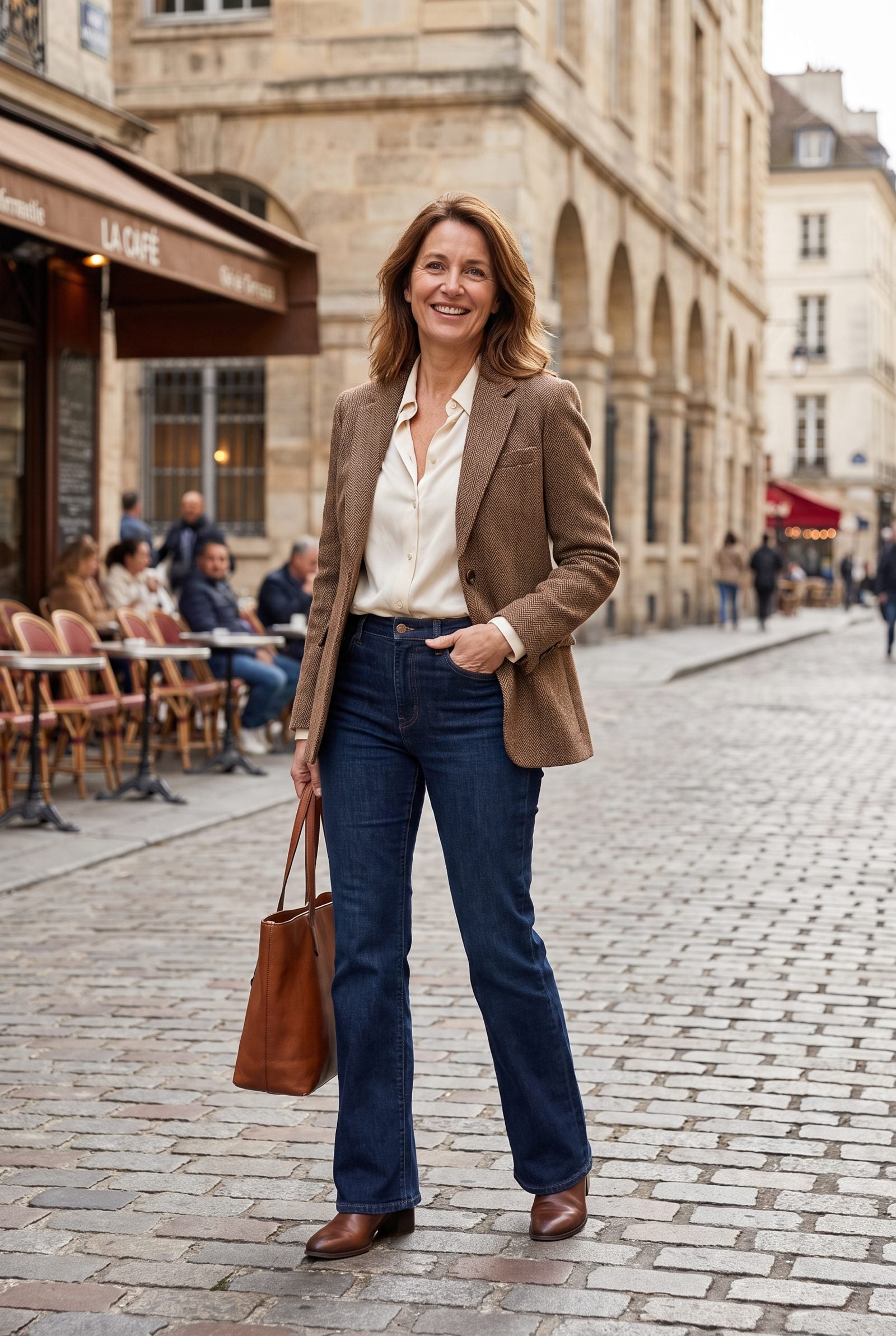 Brown Herringbone Blazer With High-Rise Flare Jeans