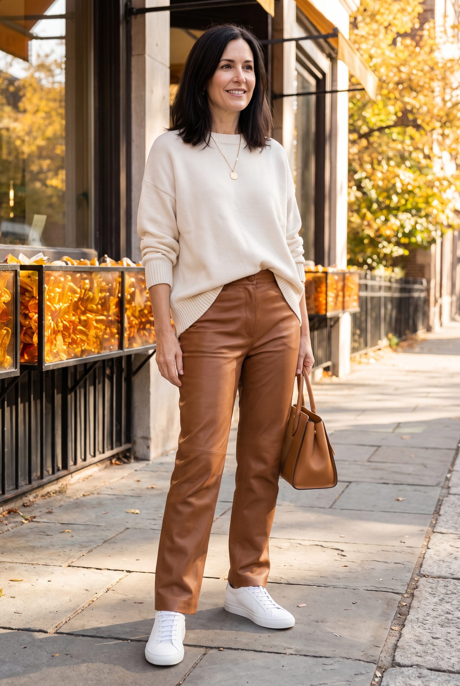Brown Leather Pants With Minimalist White Sneakers